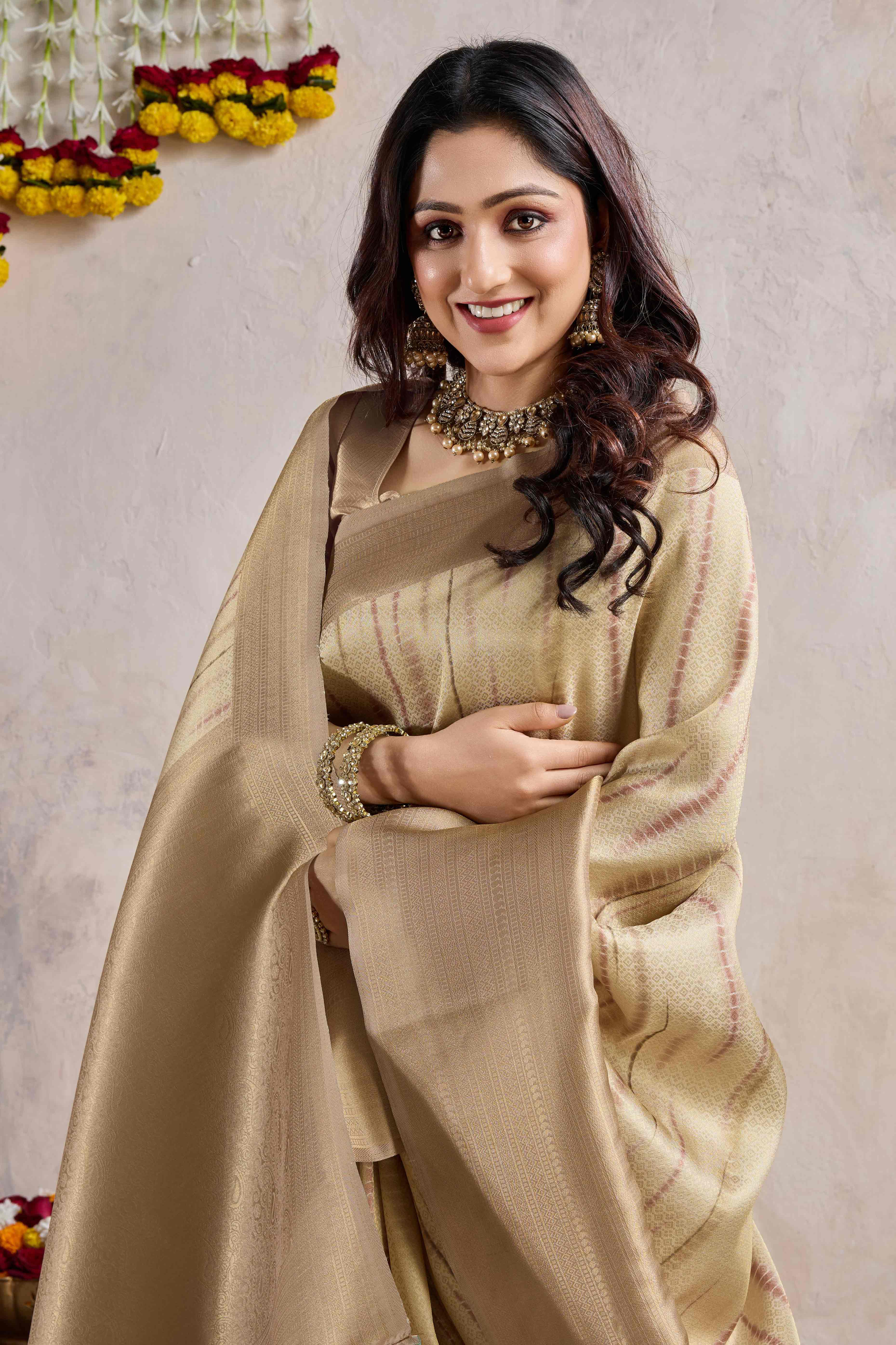 Chikoo Woven With Digital Printed Banarasi Silk Saree - Image 6