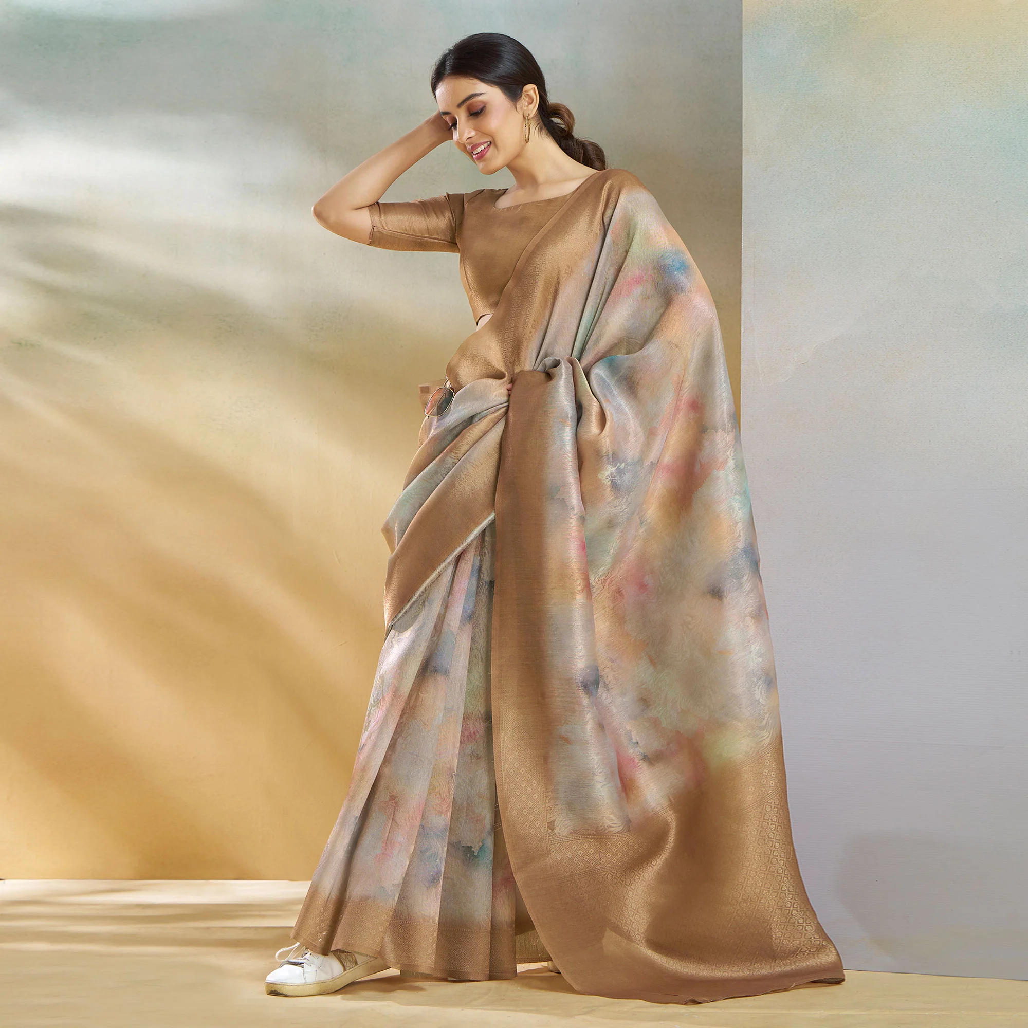 Chikoo Woven With Digital Printed Linen Saree - Image 2