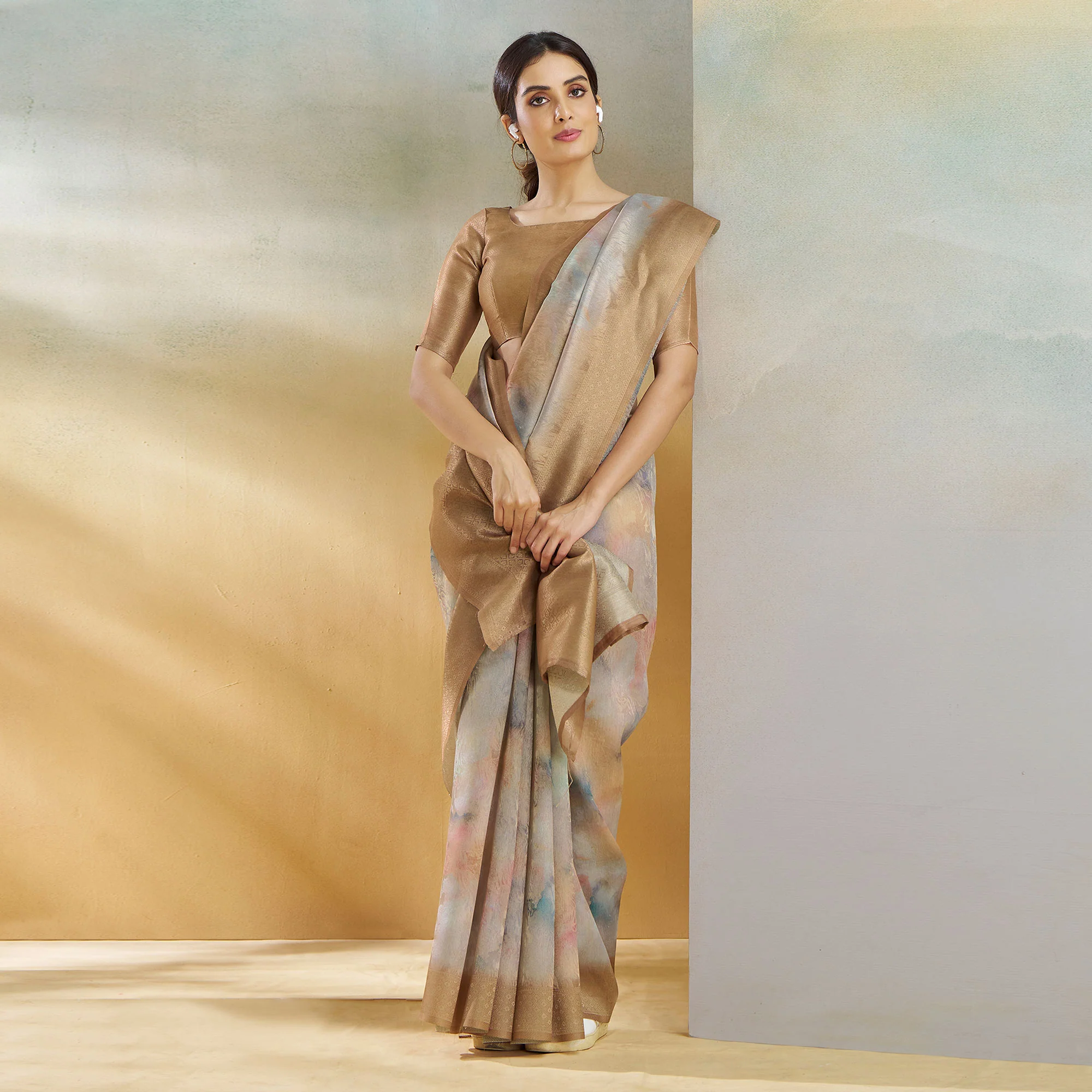 Chikoo Woven With Digital Printed Linen Saree - Image 4