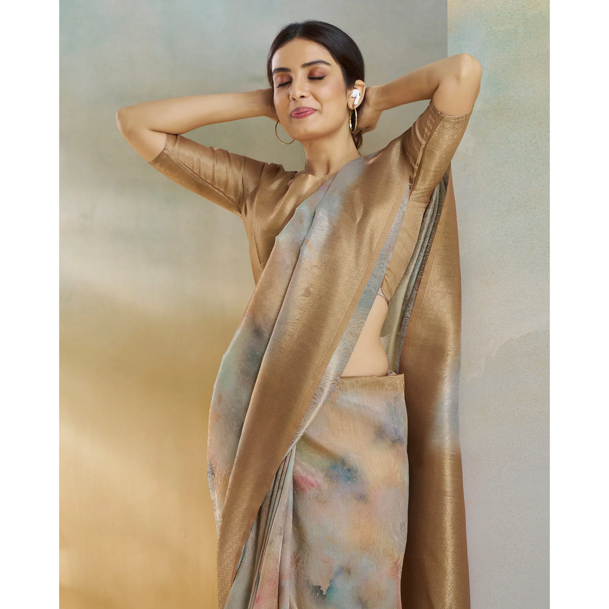Chikoo Woven With Digital Printed Linen Saree - Image 6