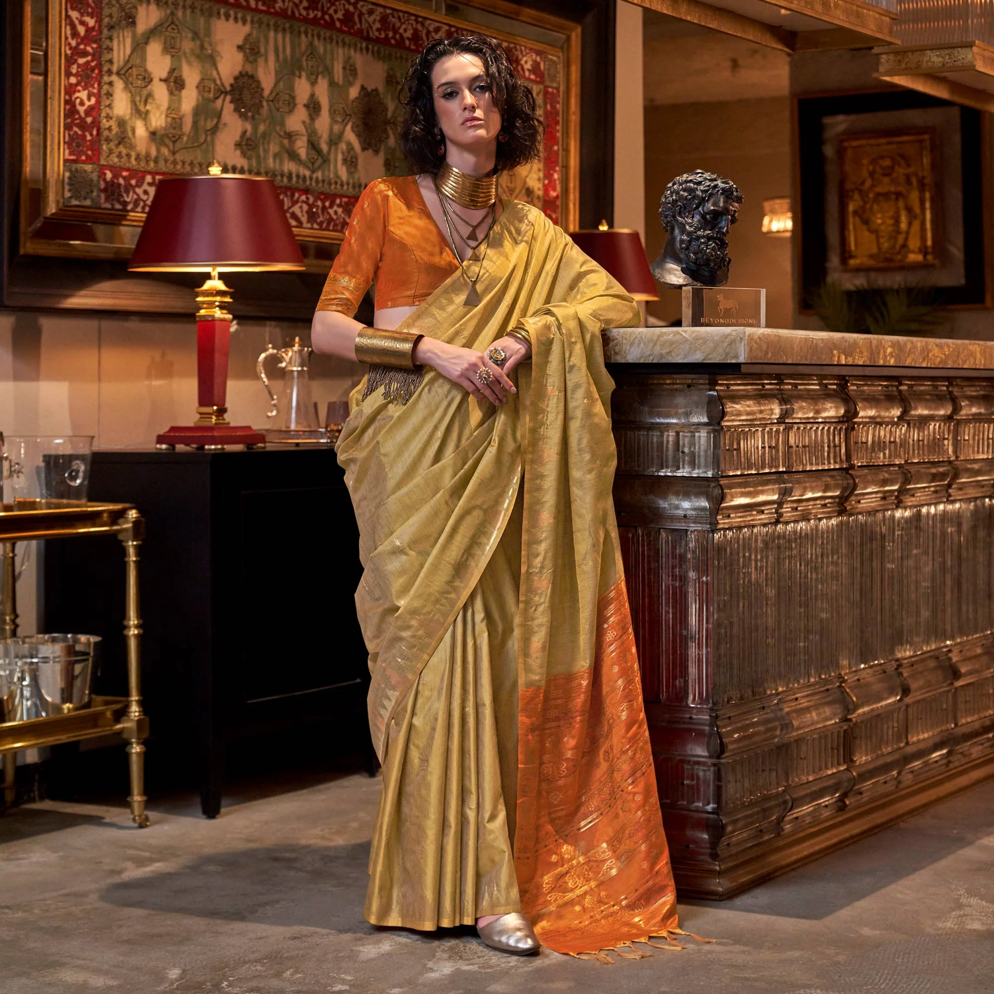 Chikoo Zari Work Woven Tussar Silk Saree With Tassels - Image 3