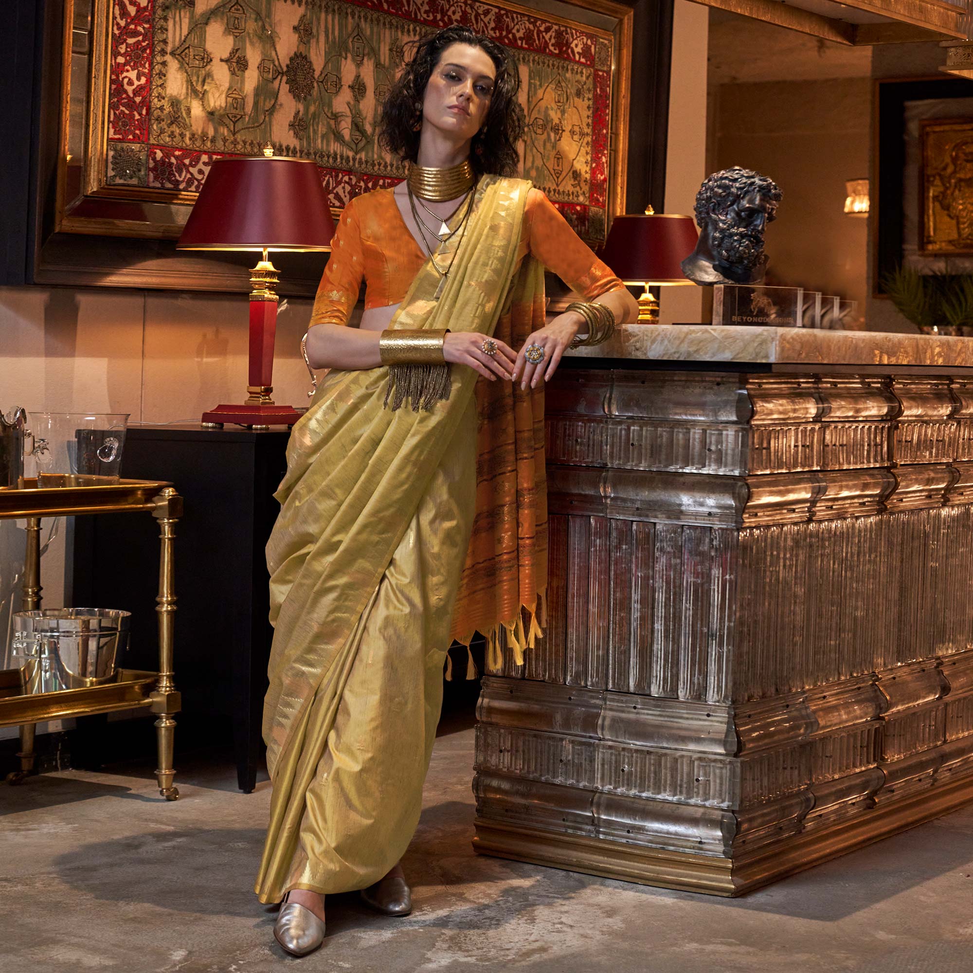Chikoo Zari Work Woven Tussar Silk Saree With Tassels - Image 4