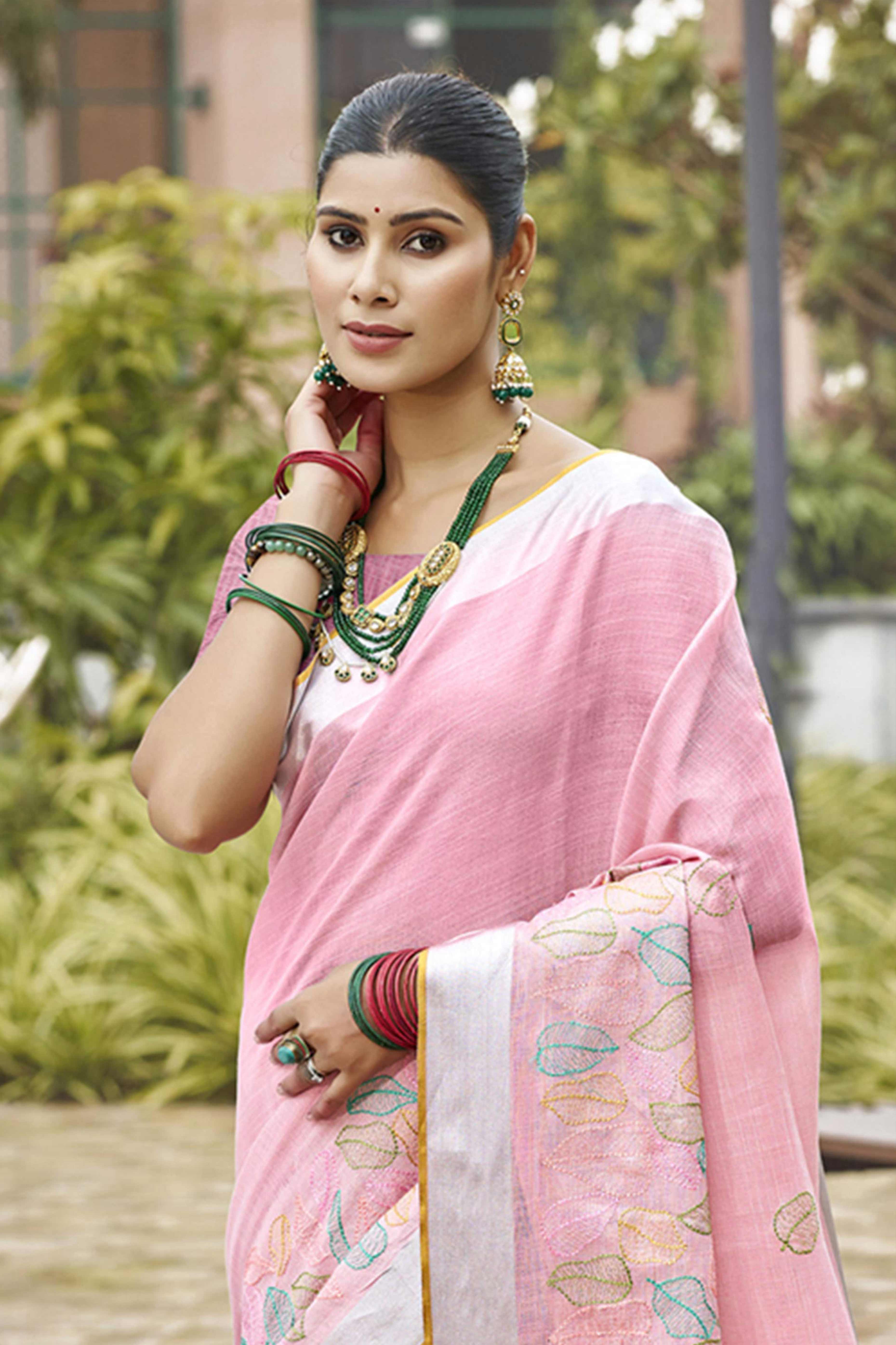 Classic Baby Pink Leaf Pattern Thread Embroidery Work Linen Saree With Tassel Pallu - Image 3