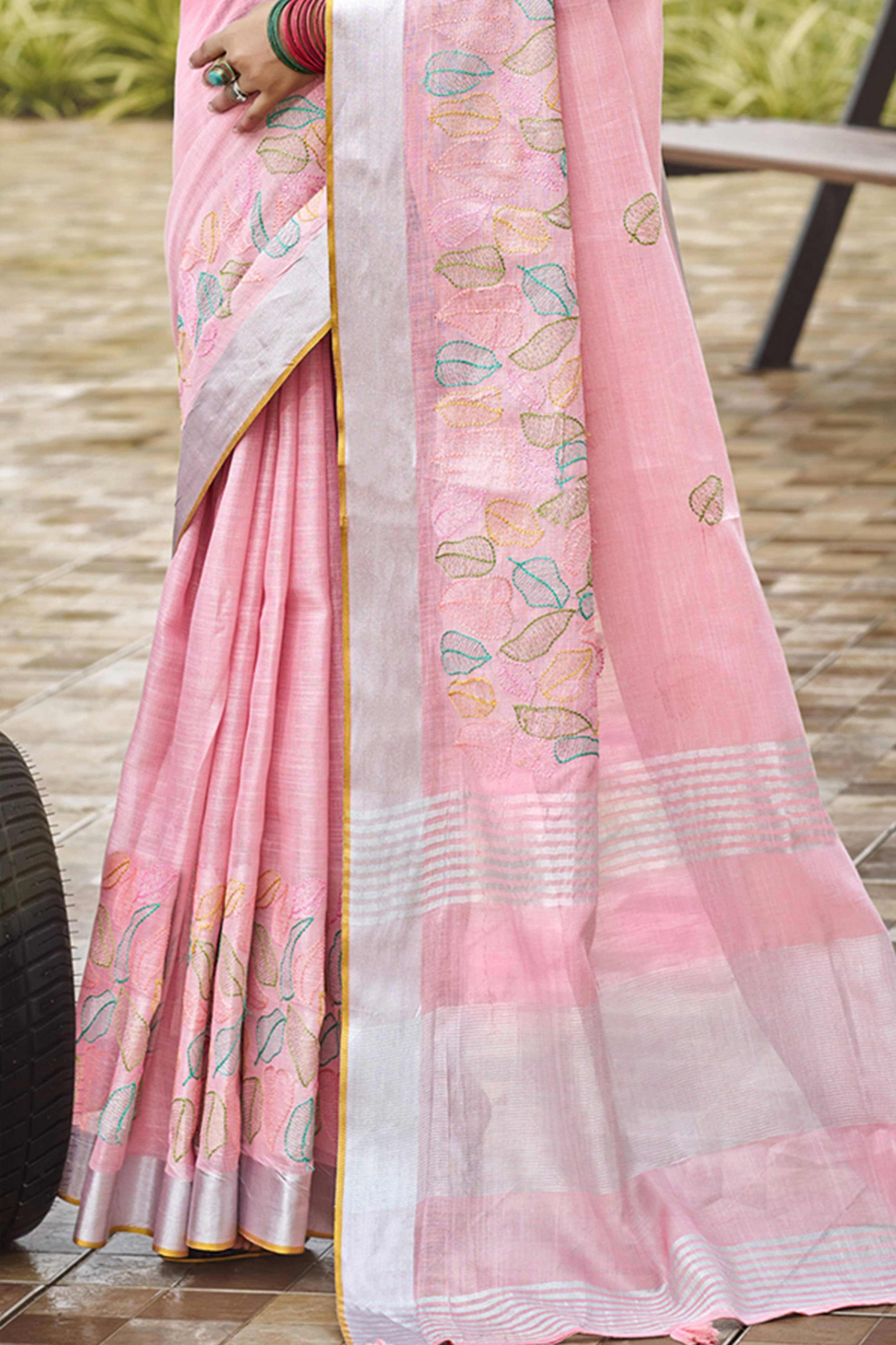 Classic Baby Pink Leaf Pattern Thread Embroidery Work Linen Saree With Tassel Pallu - Image 4