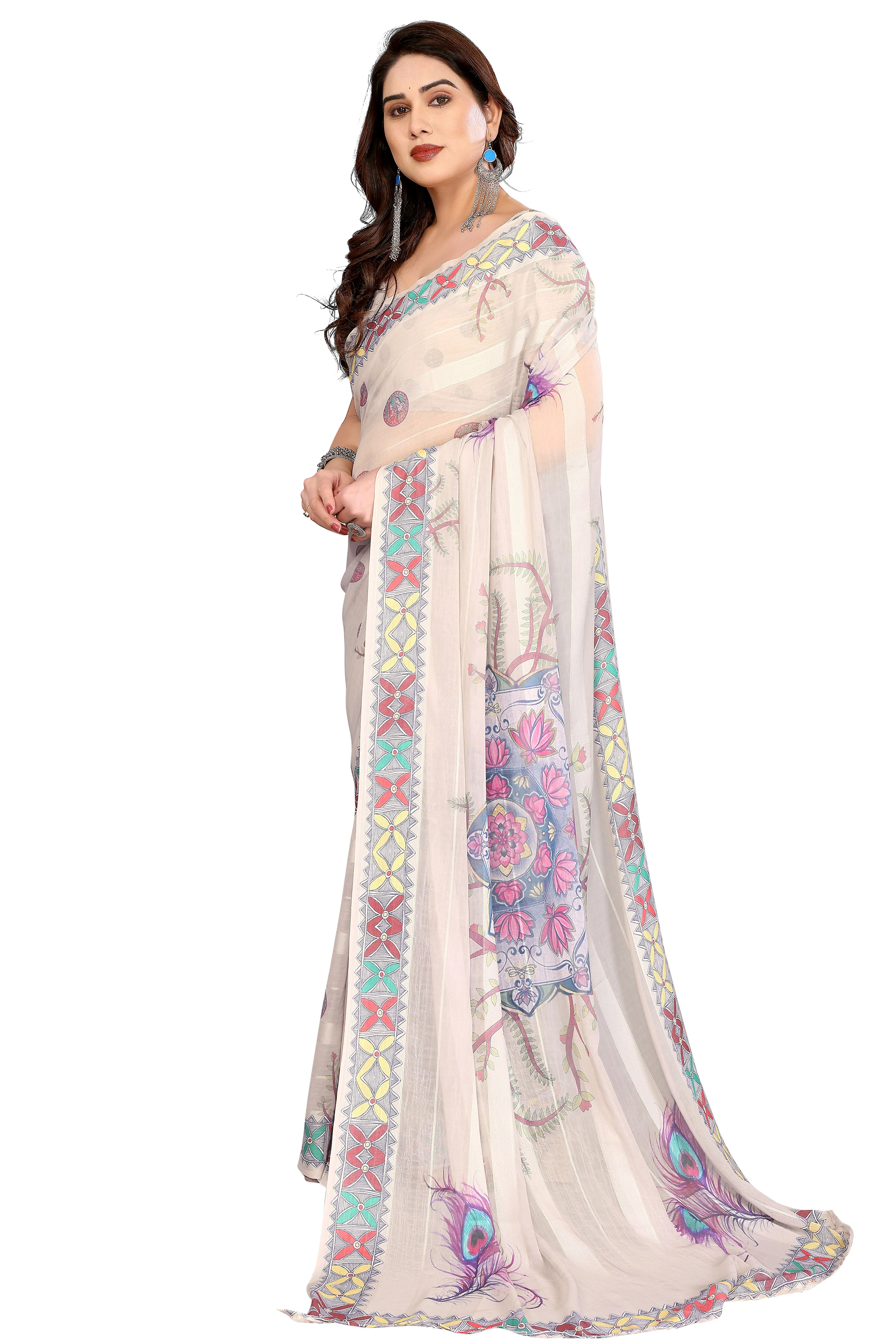 Classic Beige Floral Digital Print Georgette Saree With Refined Zari & Stylish Striped - Image 3