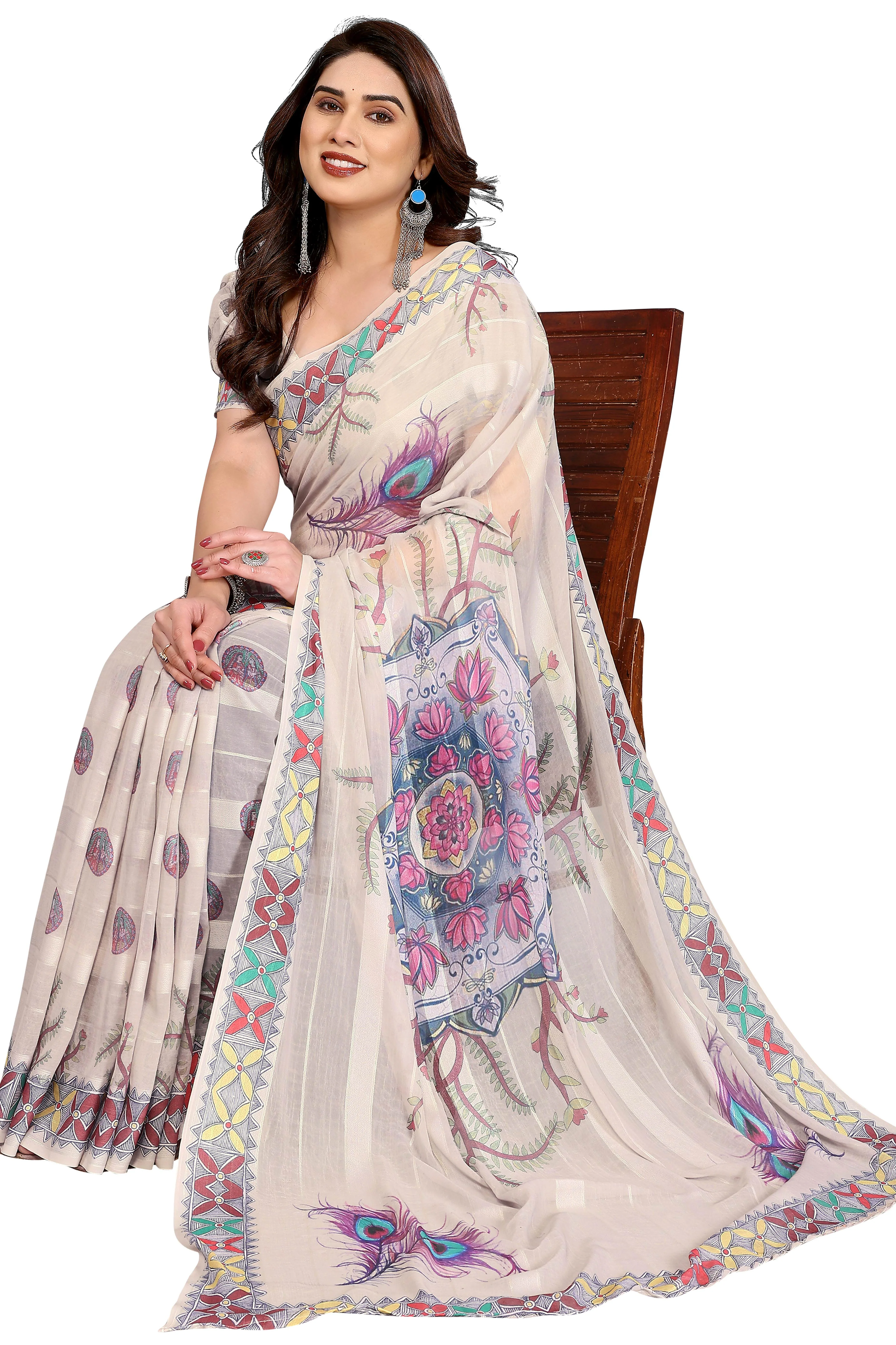 Classic Beige Floral Digital Print Georgette Saree With Refined Zari & Stylish Striped - Image 4