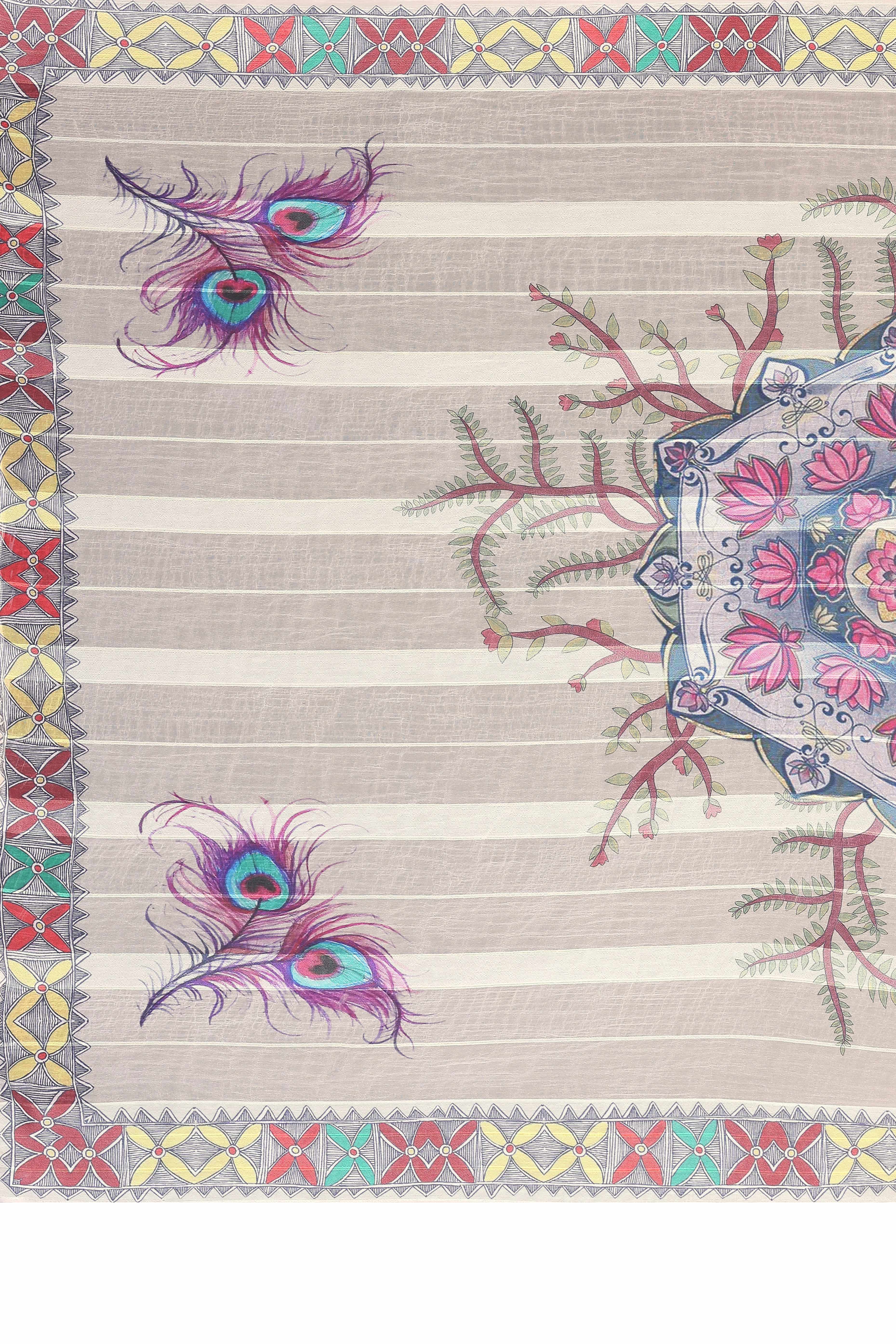 Classic Beige Floral Digital Print Georgette Saree With Refined Zari & Stylish Striped - Image 7