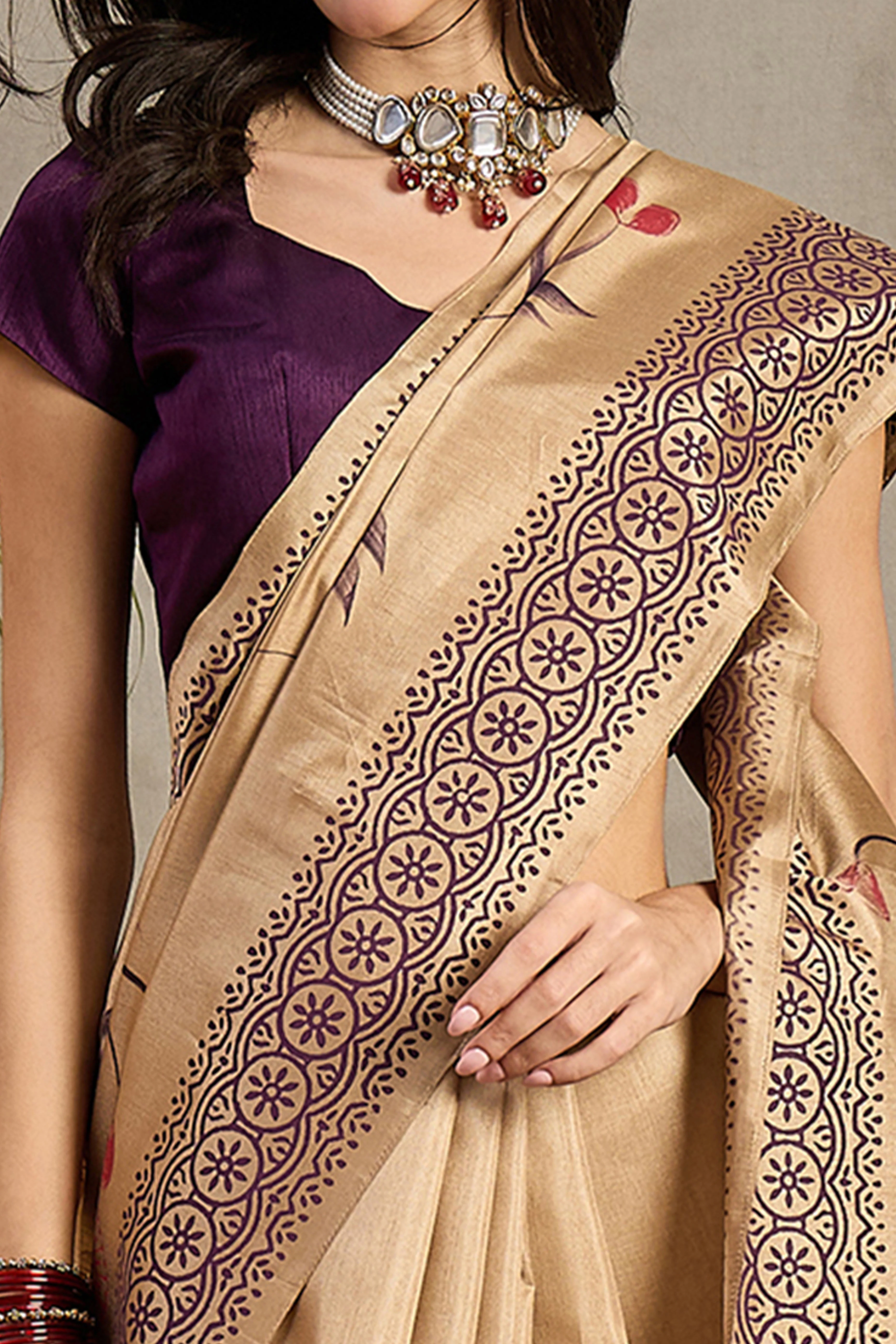 Classic Beige Floral Printed Kozi Cotton Silk Saree With Chic Tassel Embellishment Pallu - Image 2