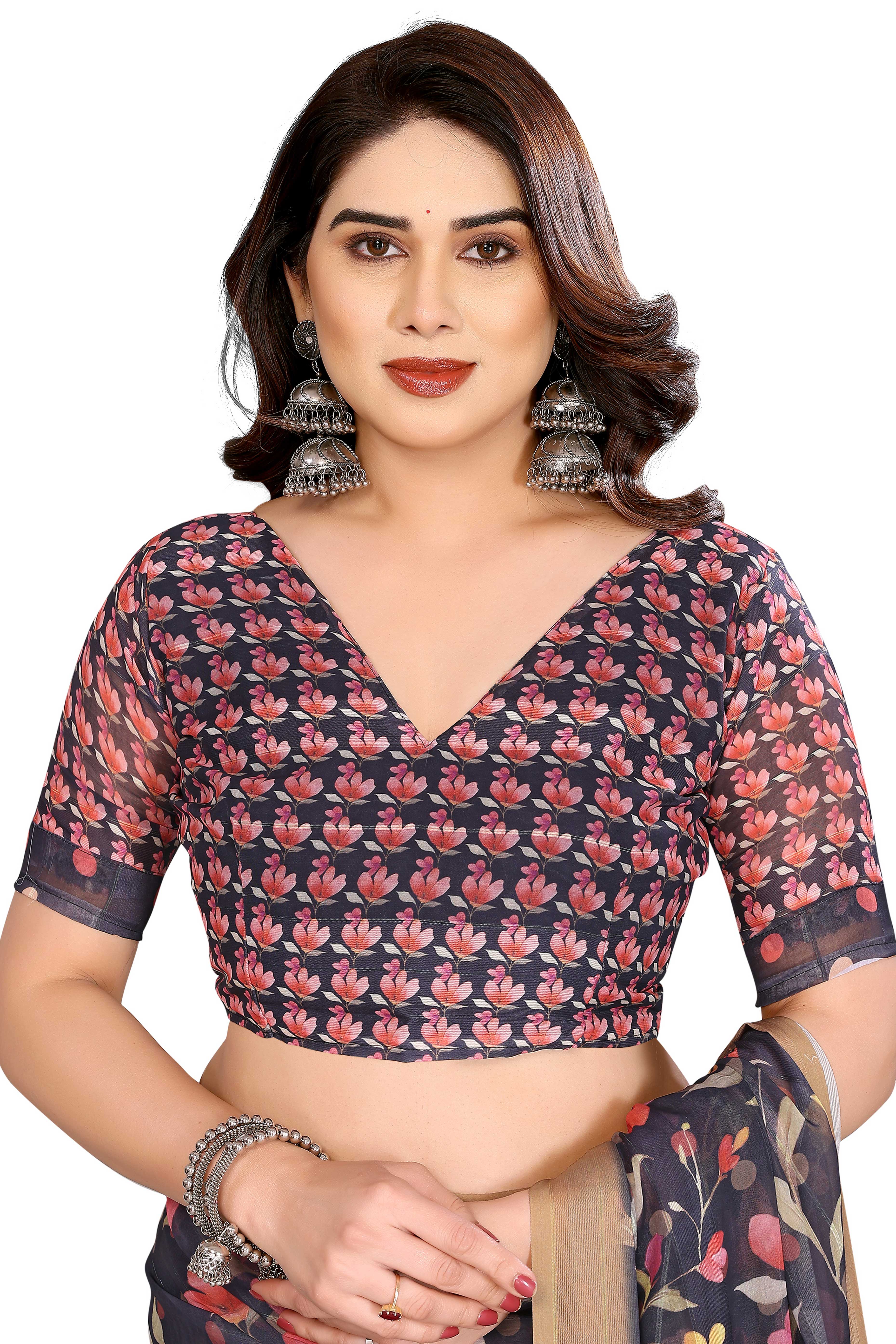 Classic Black Floral Digital Print Georgette Saree With Refined Zari & Stylish Striped - Image 6