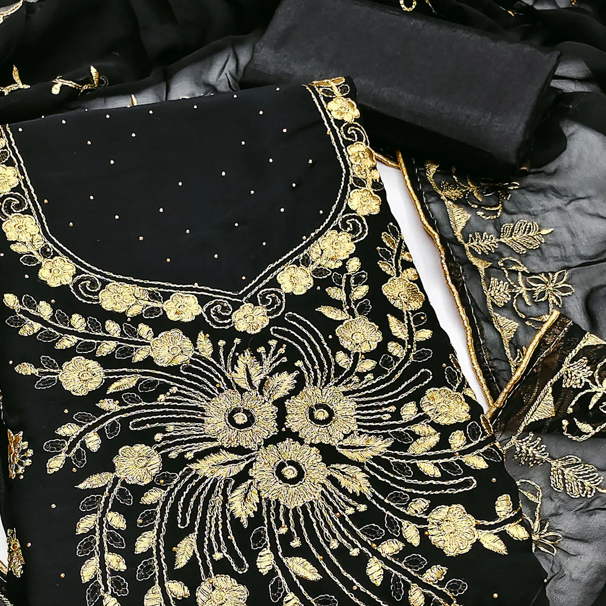 Classic Black Floral Embroidery Georgette Dress Material With Subtle Swarovski Embellishments - Image 2
