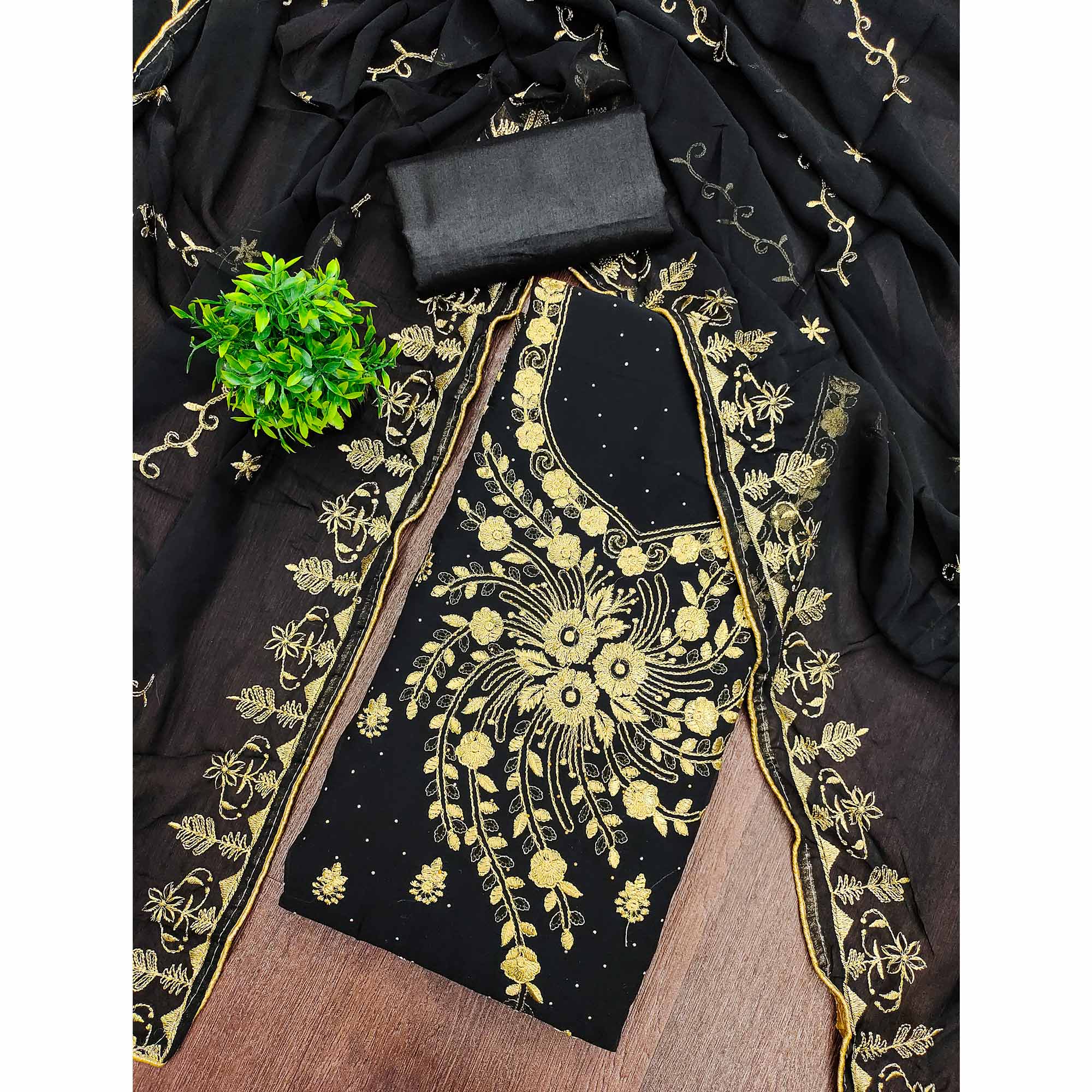 Classic Black Floral Embroidery Georgette Dress Material With Subtle Swarovski Embellishments - Image 3