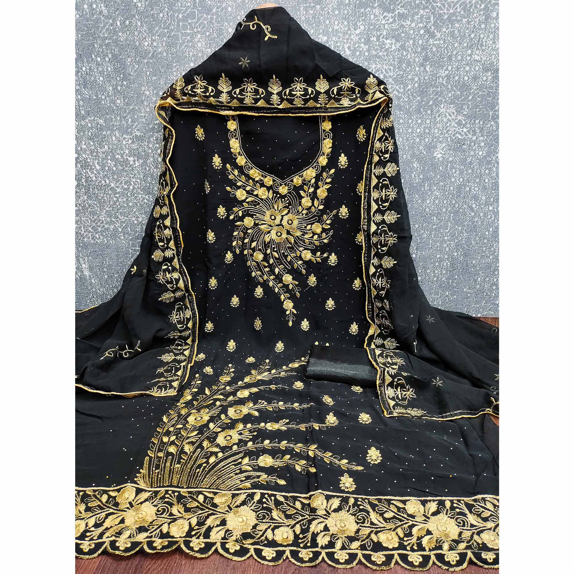 Classic Black Floral Embroidery Georgette Dress Material With Subtle Swarovski Embellishments - Image 4