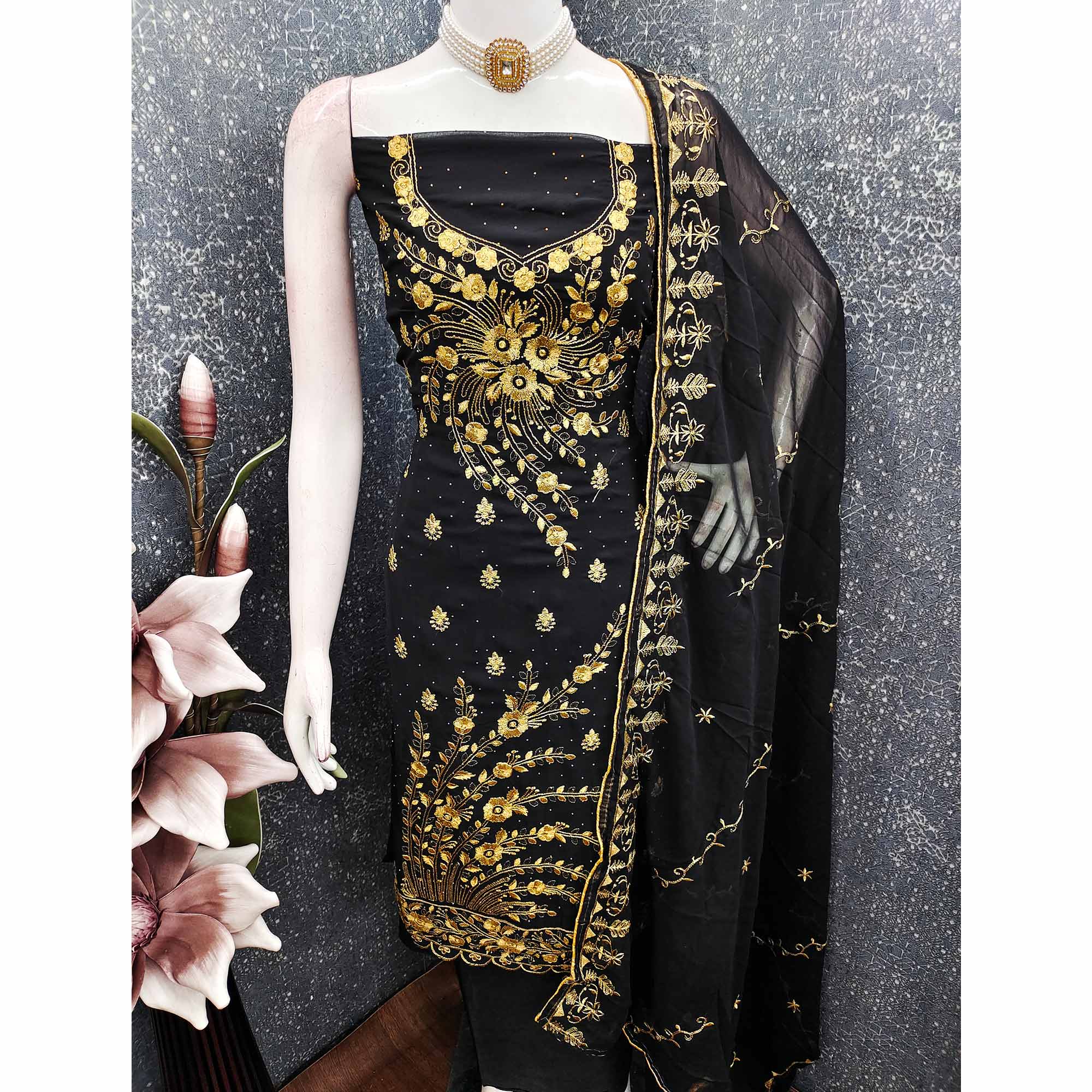 Classic Black Floral Embroidery Georgette Dress Material With Subtle Swarovski Embellishments - Image 5