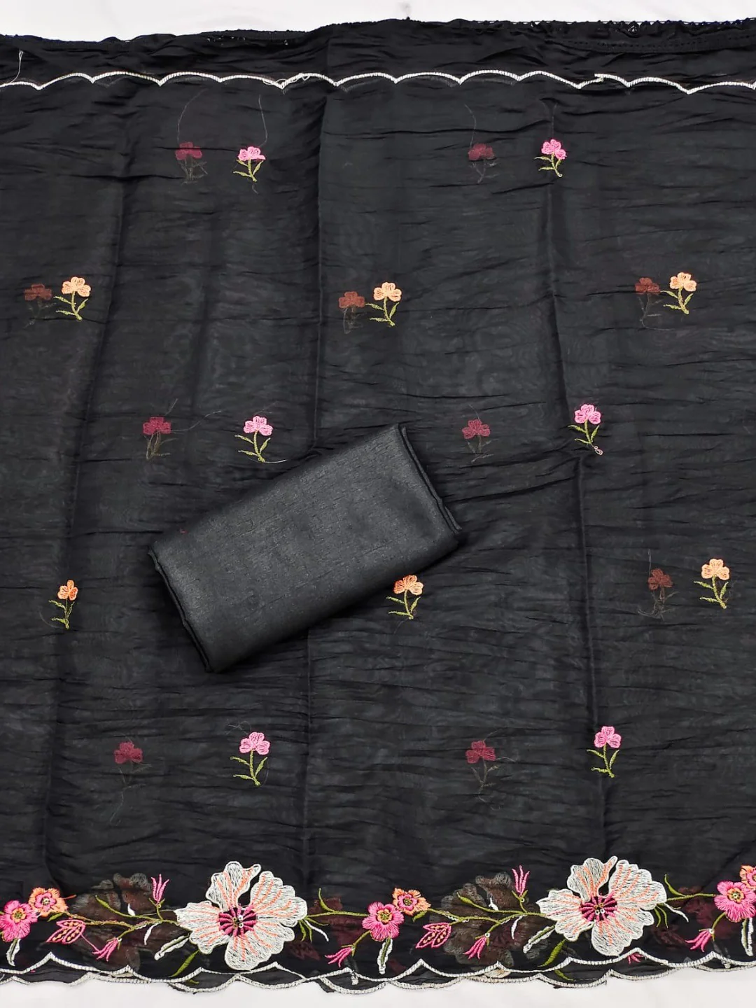 Classic Black Floral Thread Embroidered Roman Art Silk Dress Material Adorned With Sequins Work - Image 3