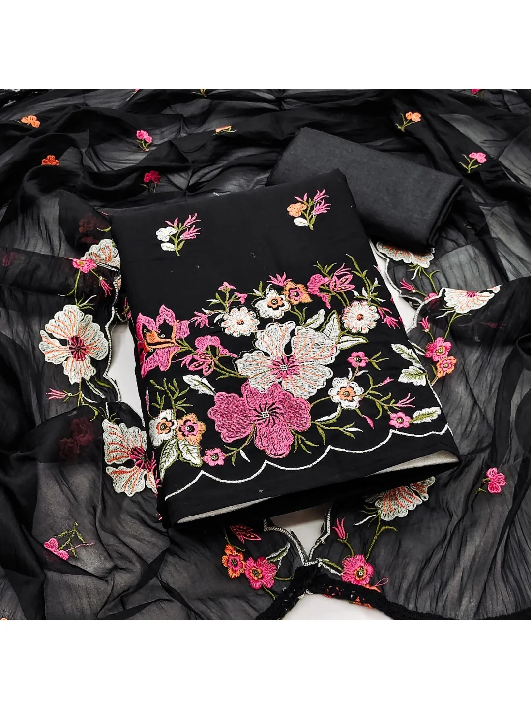 Classic Black Floral Thread Embroidered Roman Art Silk Dress Material Adorned With Sequins Work - Image 5