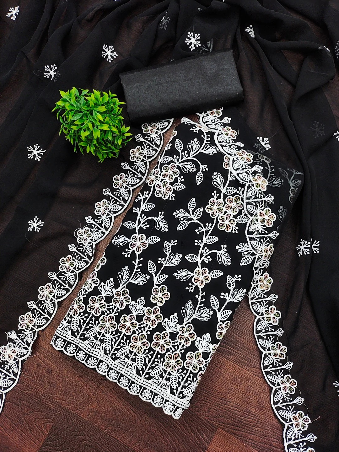 Classic Black Floral Thread Embroidery Georgette Dress Material For Timeless Ethnic Wear - Image 2
