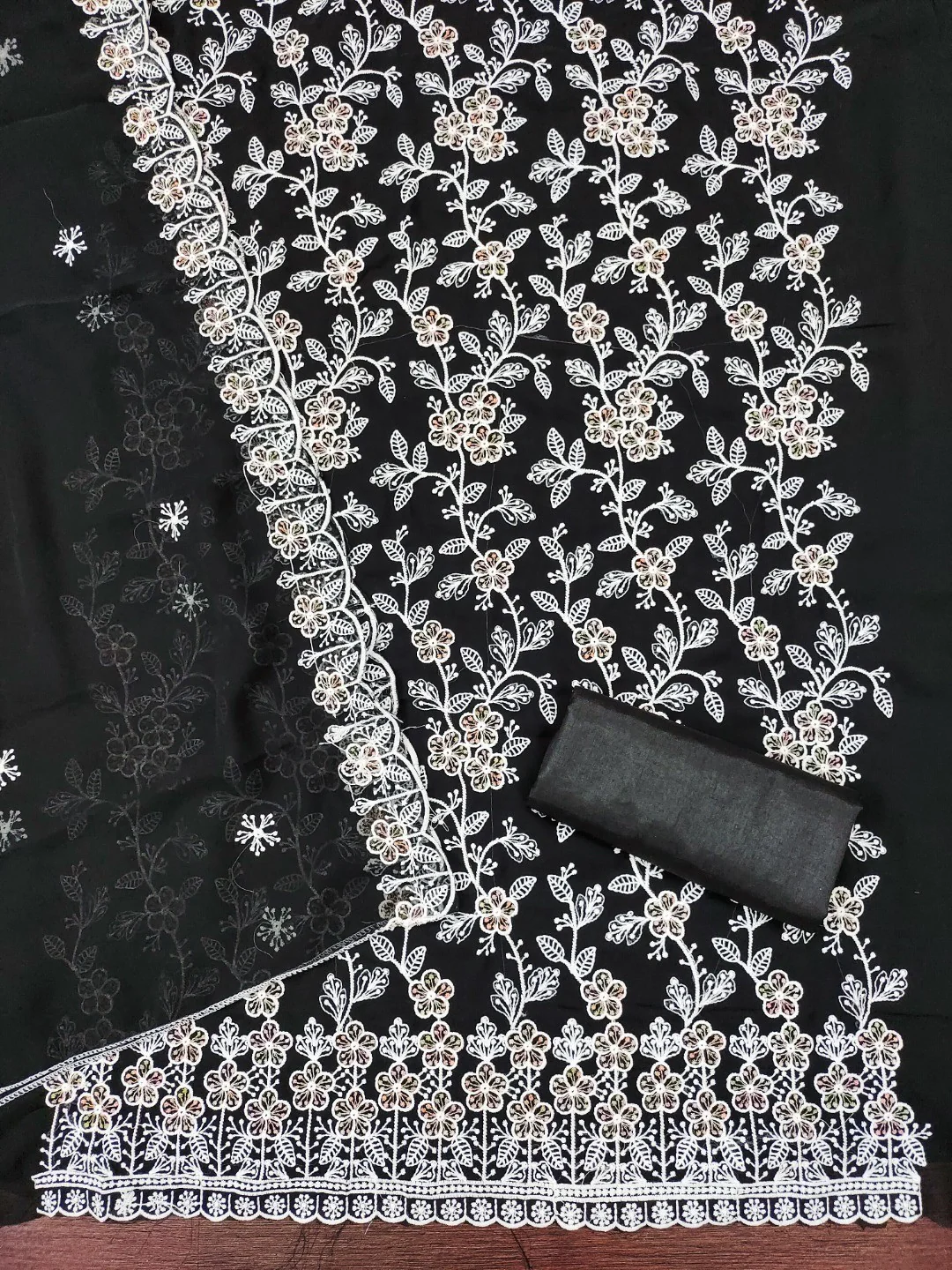 Classic Black Floral Thread Embroidery Georgette Dress Material For Timeless Ethnic Wear - Image 4