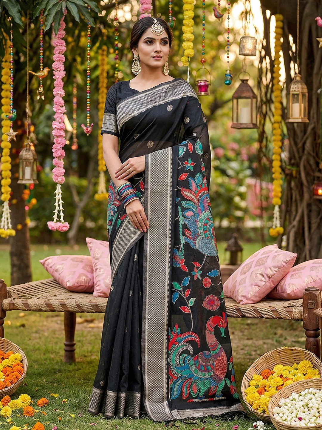 Classic Black Floral Weaving Tissue Saree Enhanced With Peacock Motif Pallu & Tassels