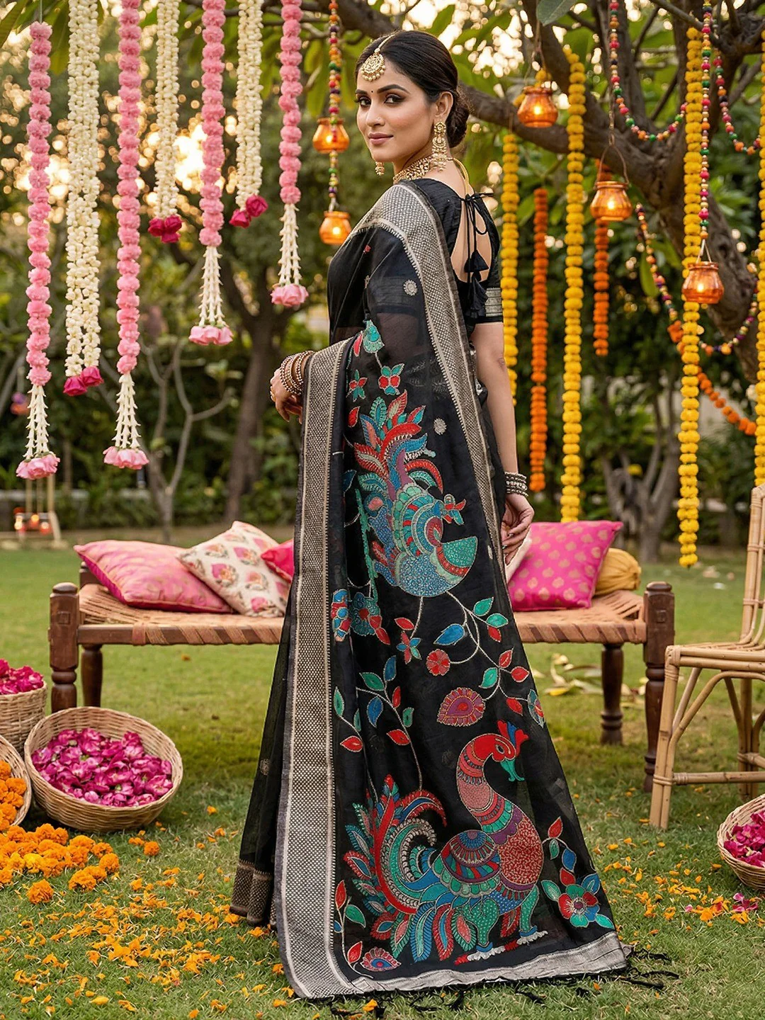 Classic Black Floral Weaving Tissue Saree Enhanced With Peacock Motif Pallu & Tassels - Image 3