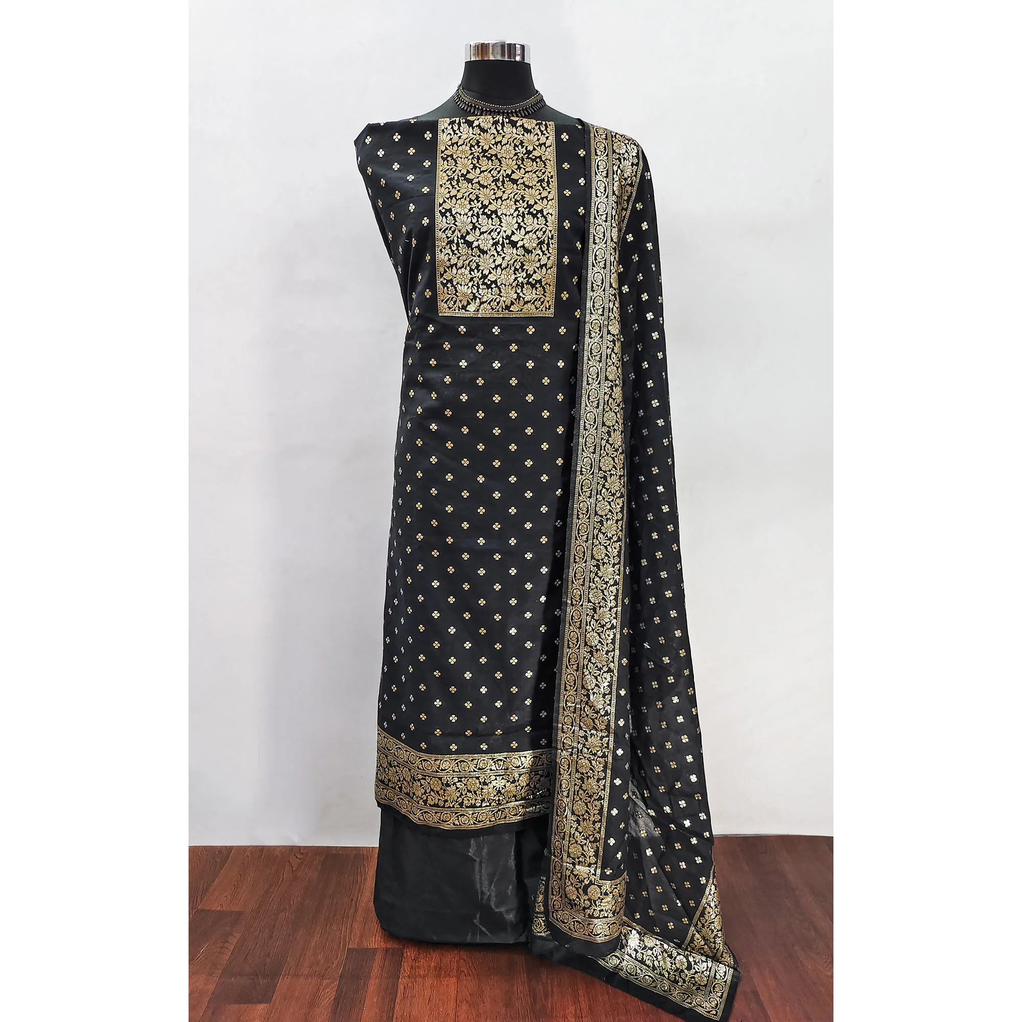 Classic Black Floral Zari Weaving Dress Material In Banarasi Silk - Image 3