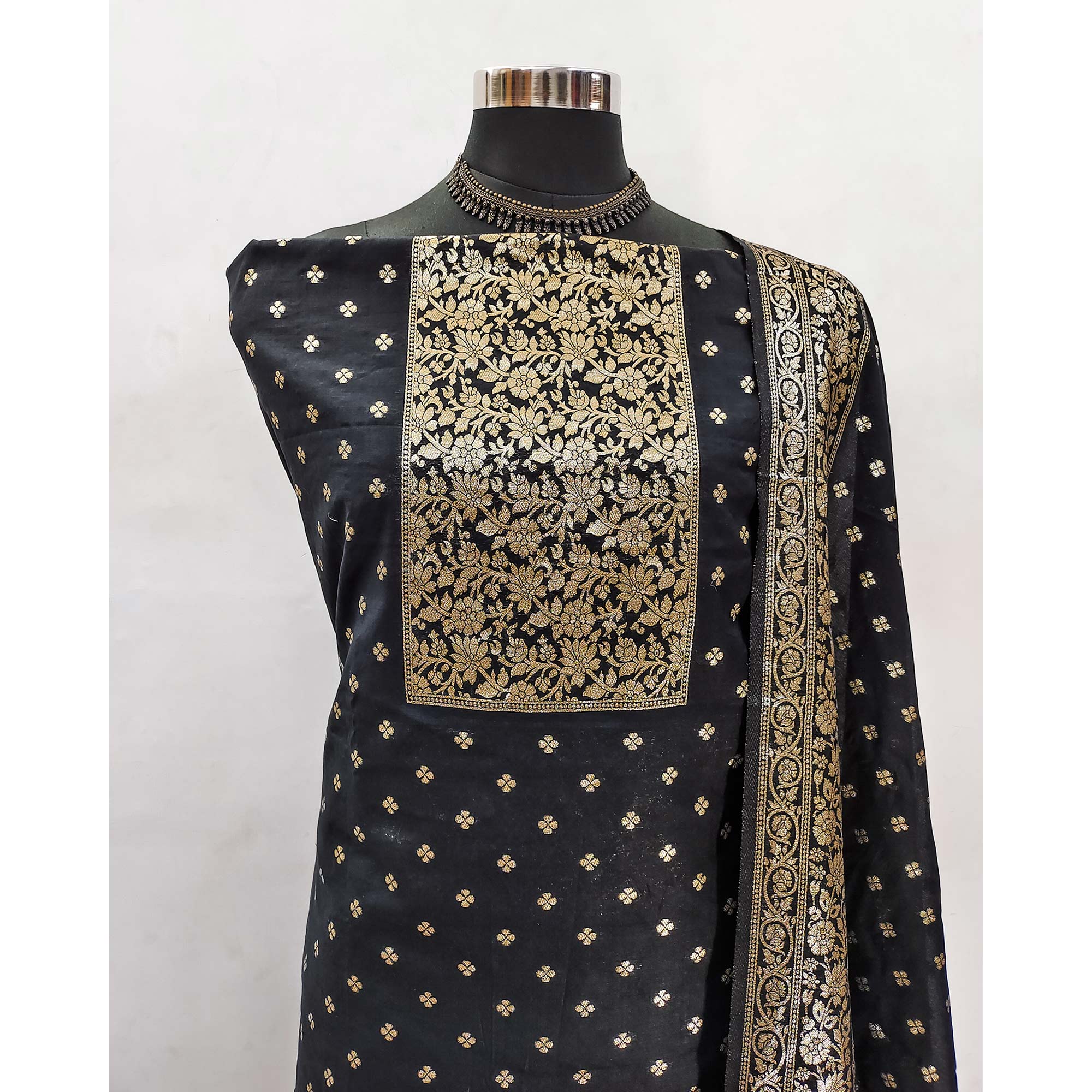 Classic Black Floral Zari Weaving Dress Material In Banarasi Silk - Image 4