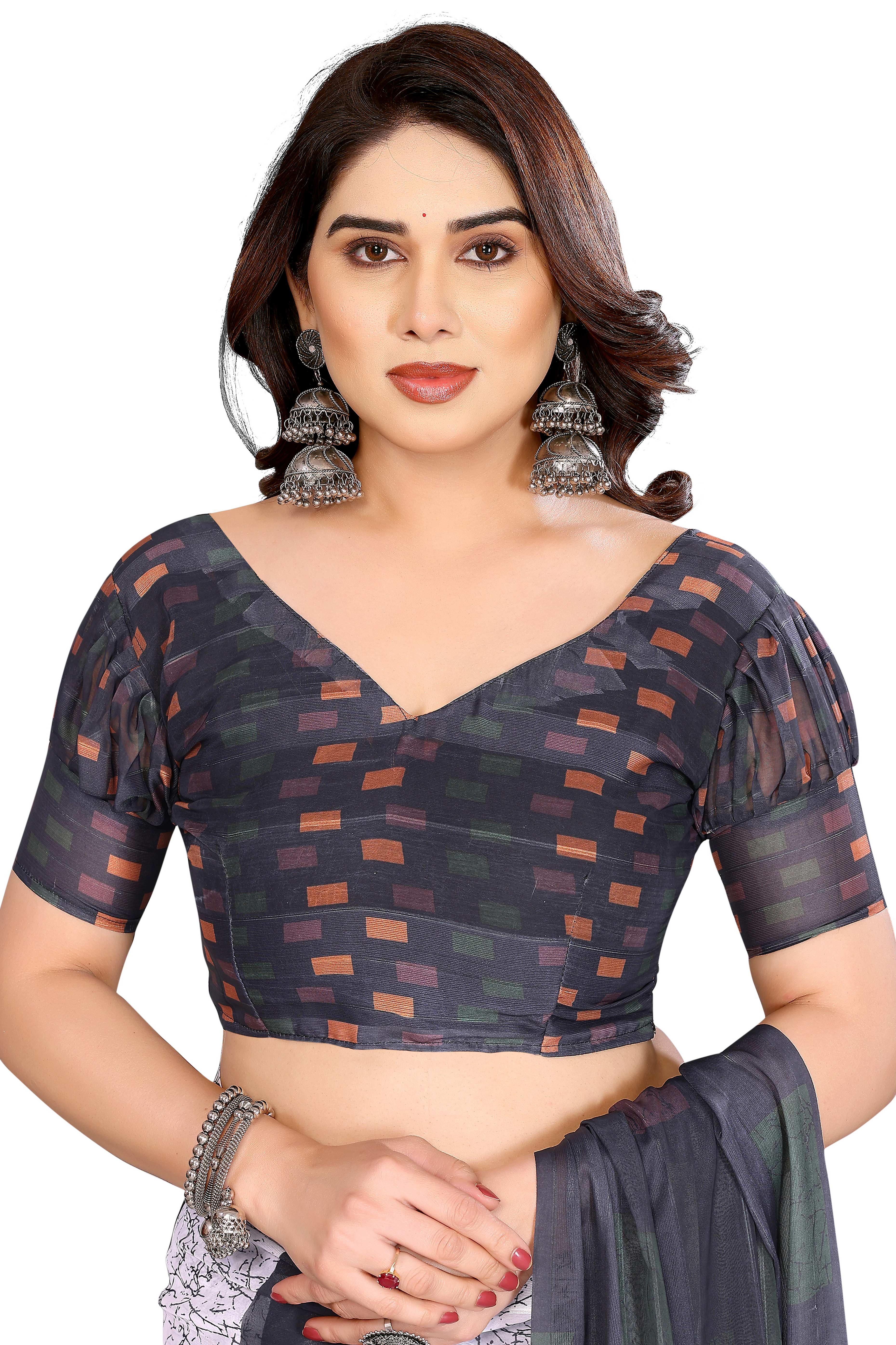 Classic Black Geometric Digital Print Georgette Saree With Refined Zari & Stylish Striped - Image 5