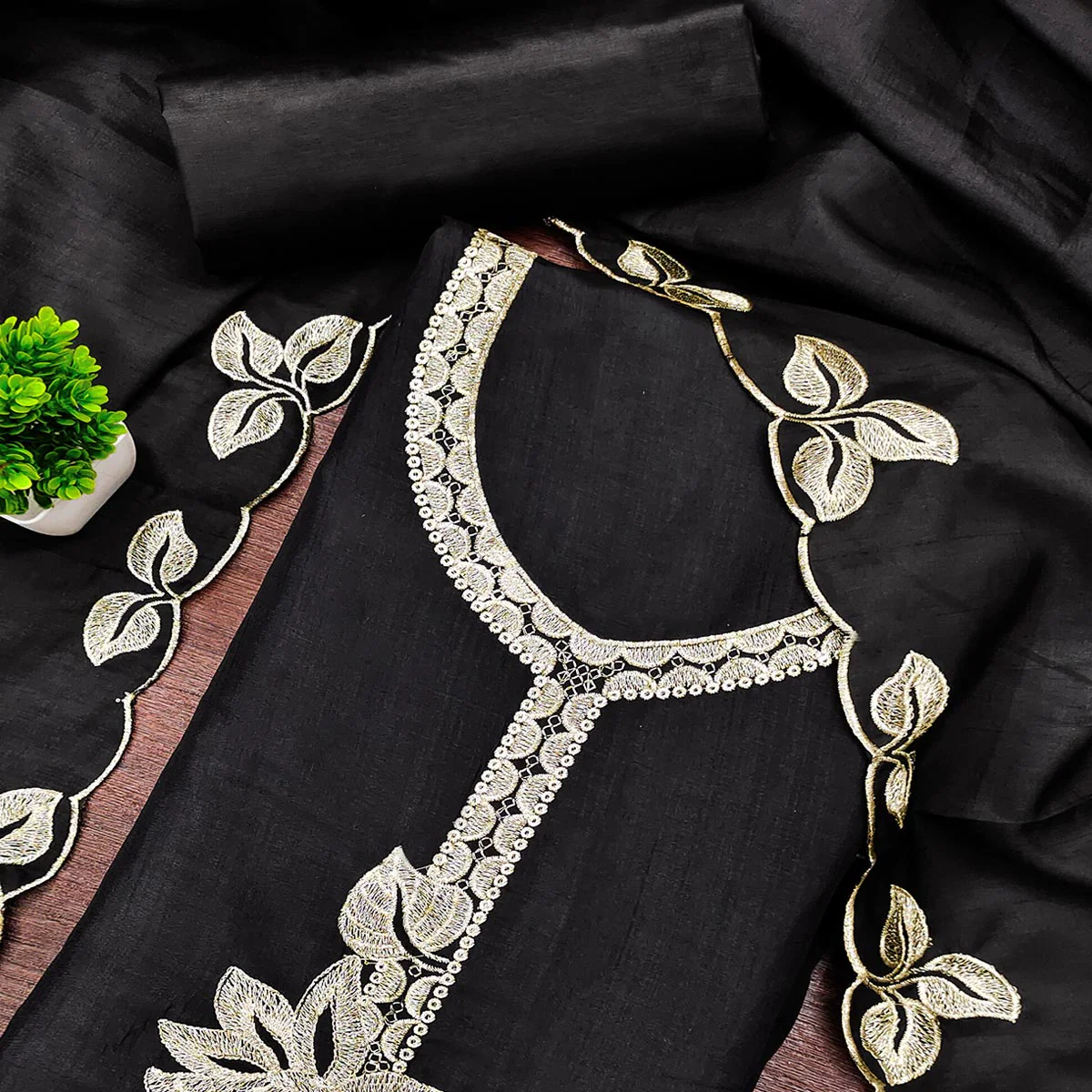 Classic Black Heavy Embroidered Cotton Blend Dress Material With Floral Thread Detailing - Image 2