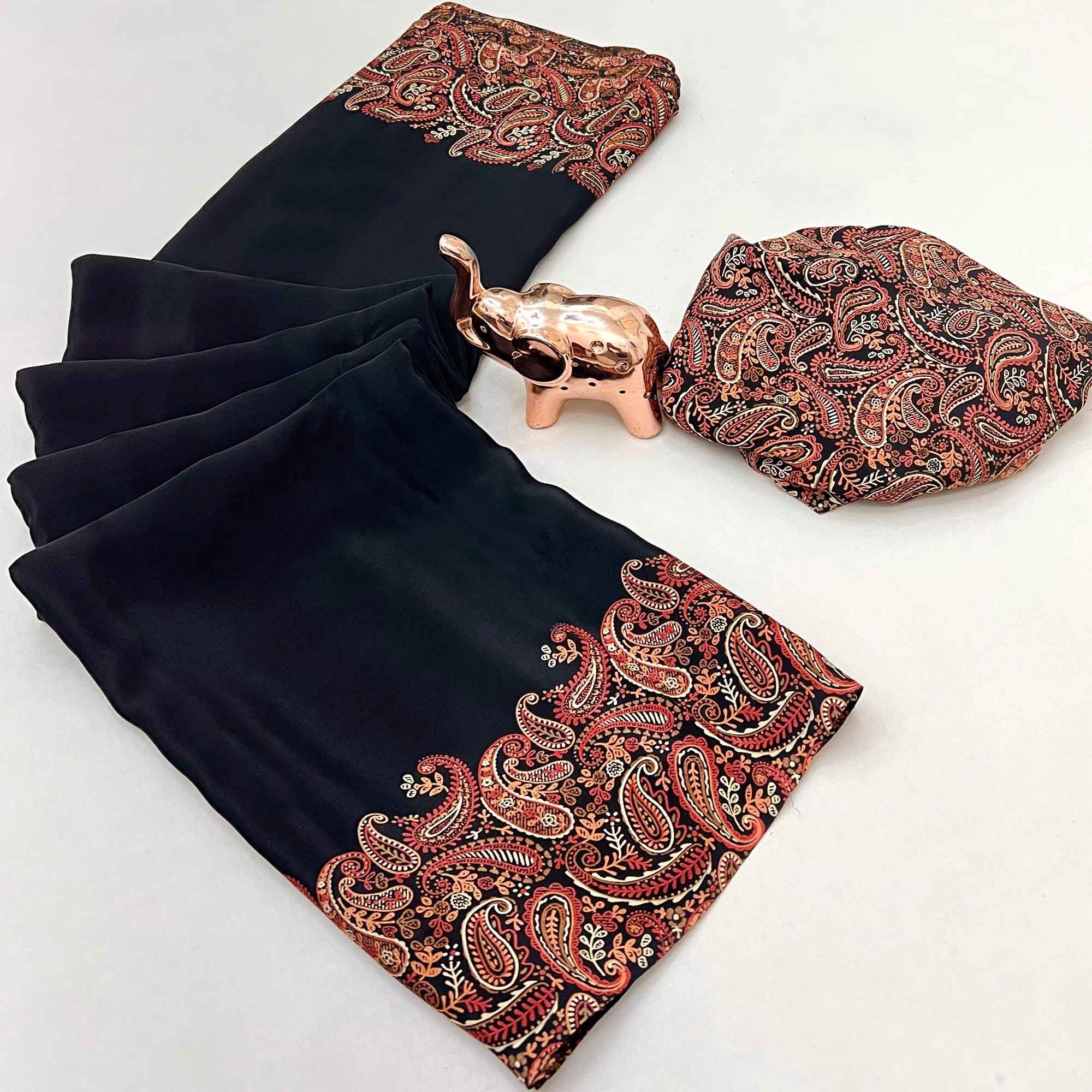 Classic Black Satin Saree Featuring Traditional Ajrakh Paisley Printed Pattern - Image 2
