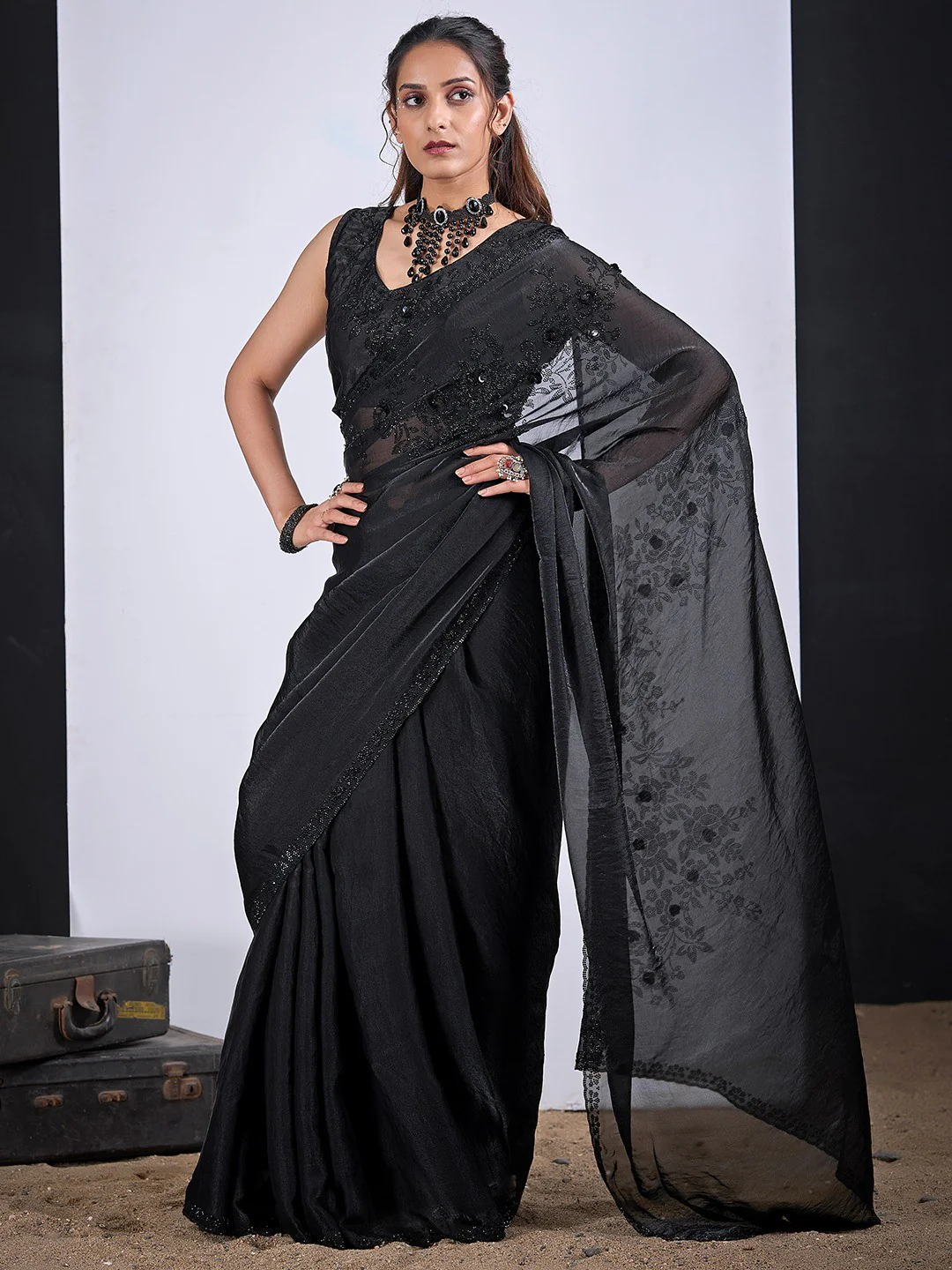 Classic Black Satin Silk Saree Featuring Stone & Cut Dana Work With Sequin Applic Finish