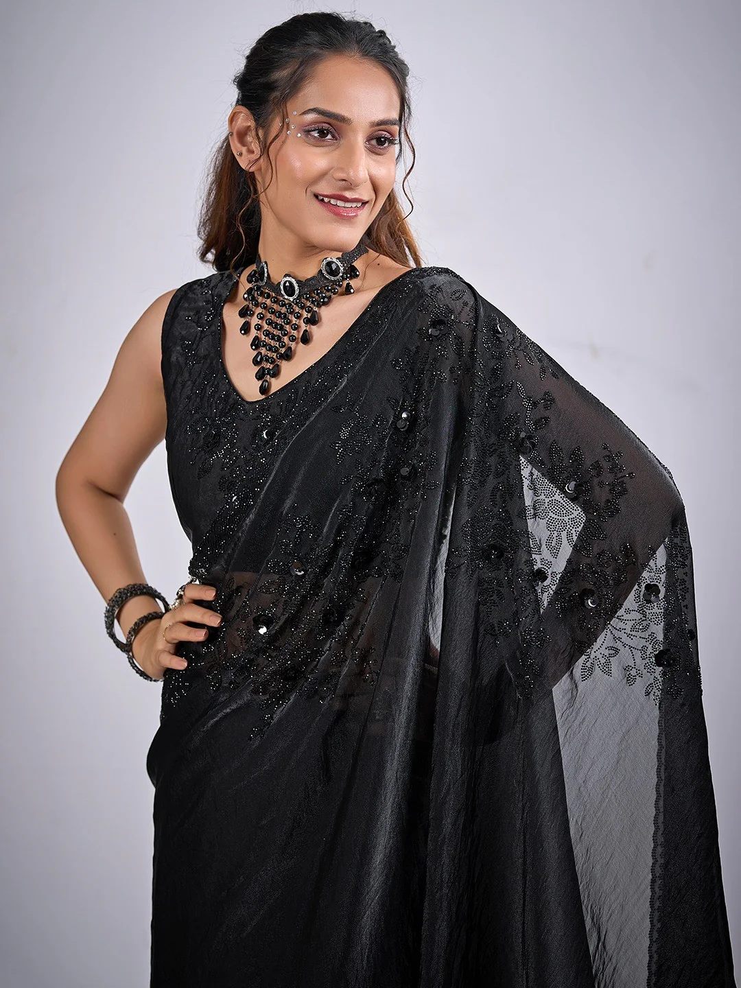 Classic Black Satin Silk Saree Featuring Stone & Cut Dana Work With Sequin Applic Finish - Image 4