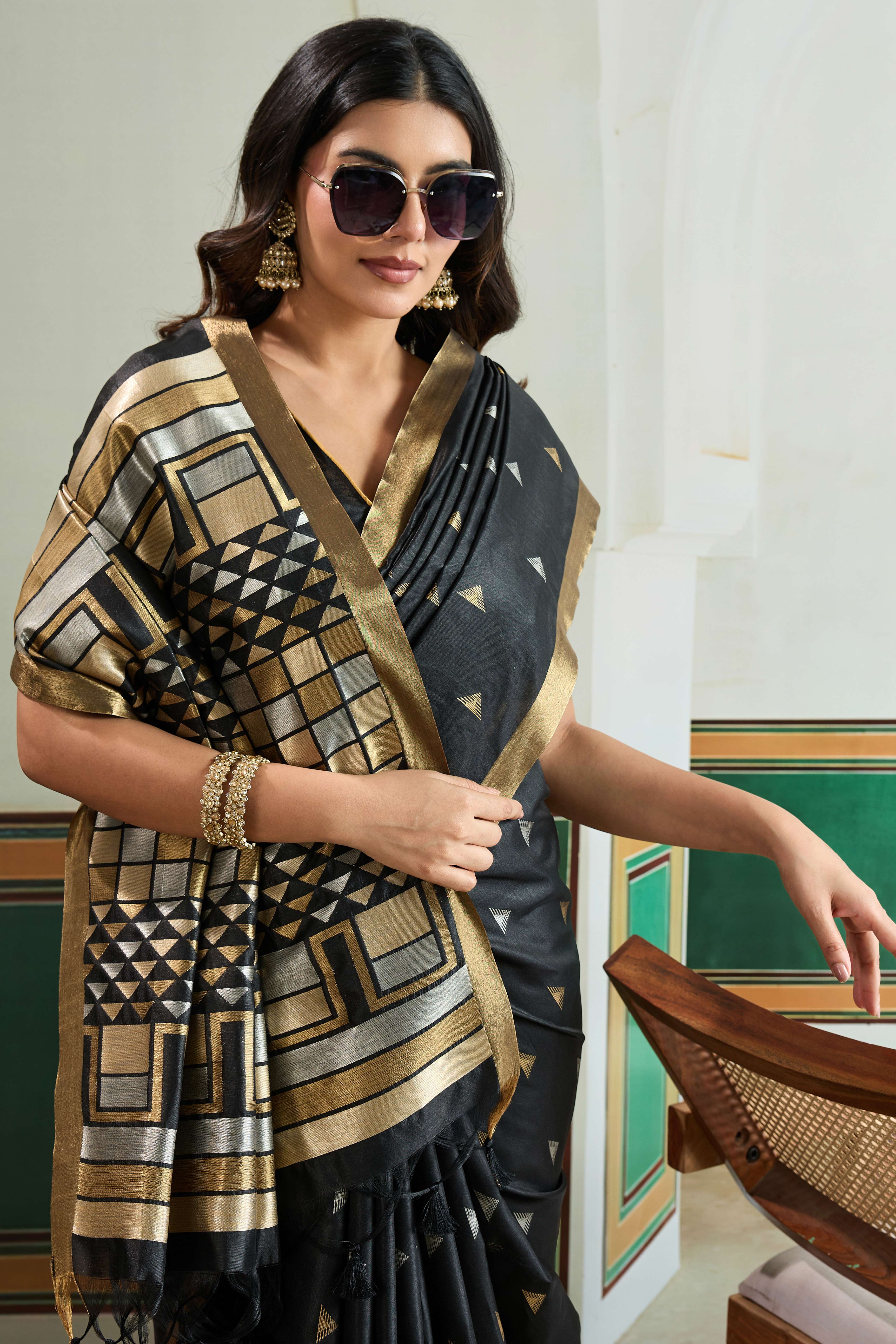 Classic Black Tussar Silk Saree Showcasing Rich Geometric Weaving & Trendy Tassel Pallu - Image 6