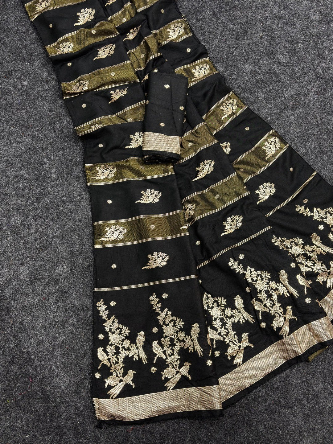 Classic Black Zari Woven Viscose Saree With Graceful Floral & Birds Motif Detailing