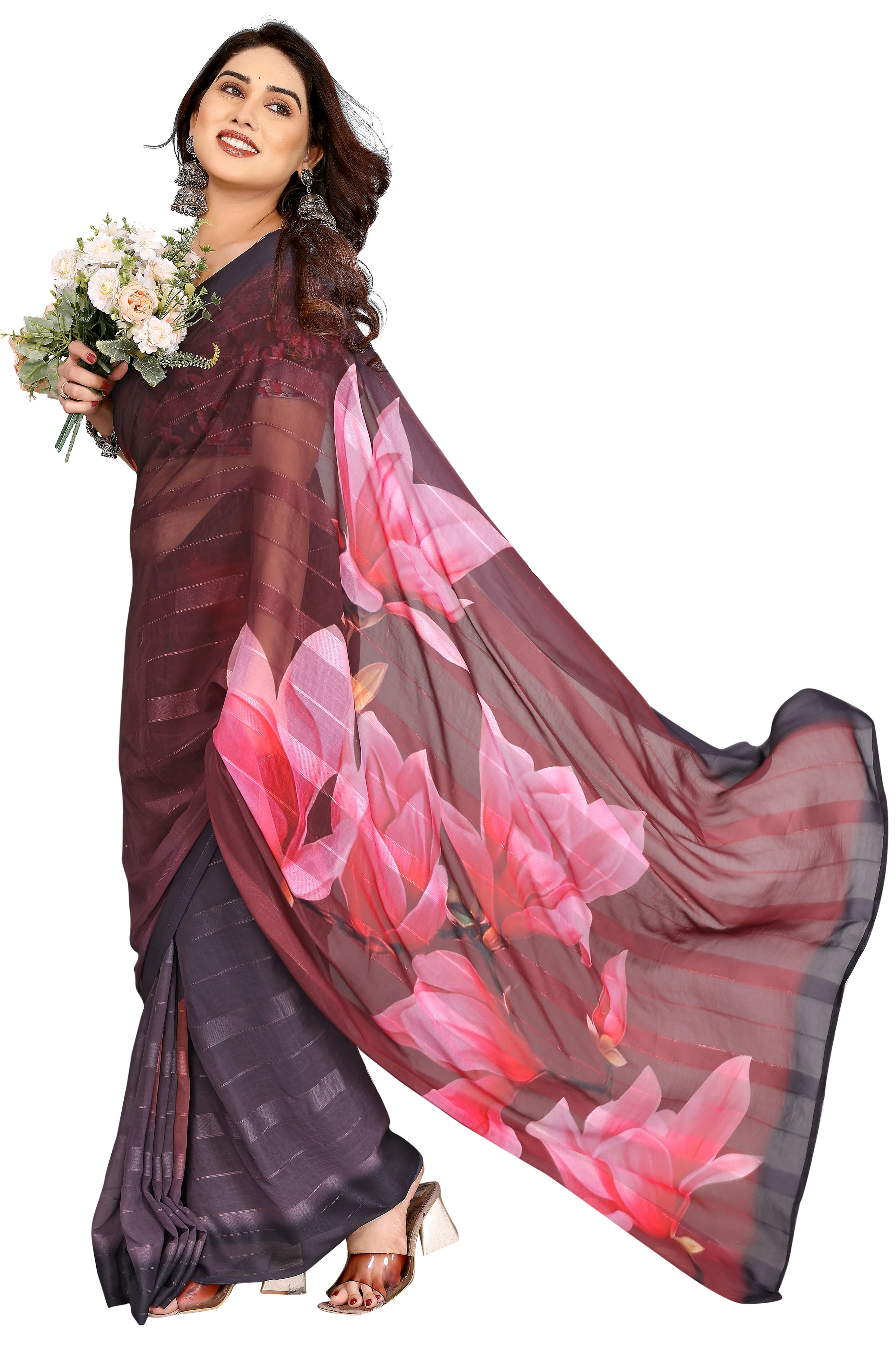 Classic Blak & Maroon Floral Digital Print Georgette Saree With Refined Zari & Stylish Striped - Image 4