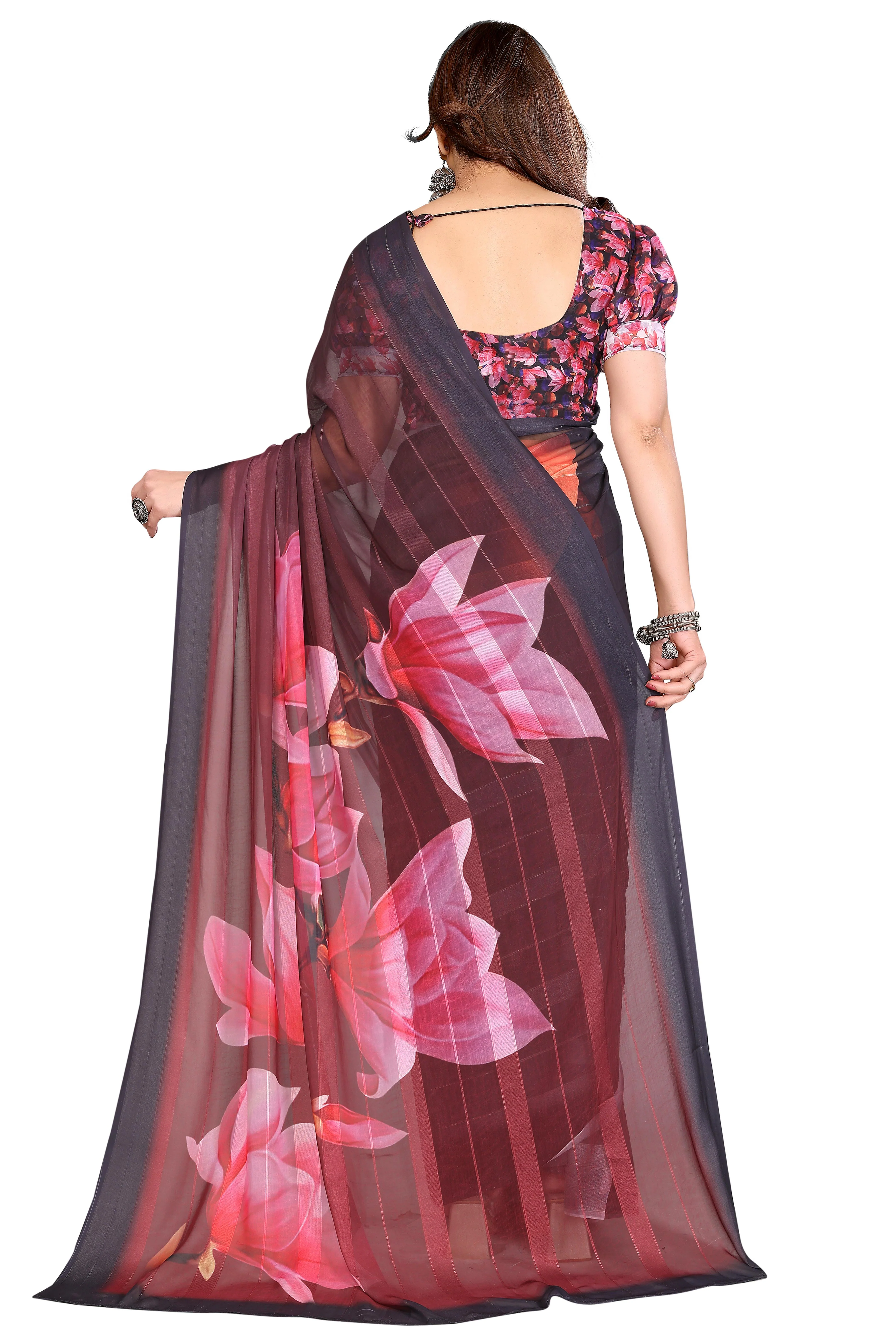 Classic Blak & Maroon Floral Digital Print Georgette Saree With Refined Zari & Stylish Striped - Image 5
