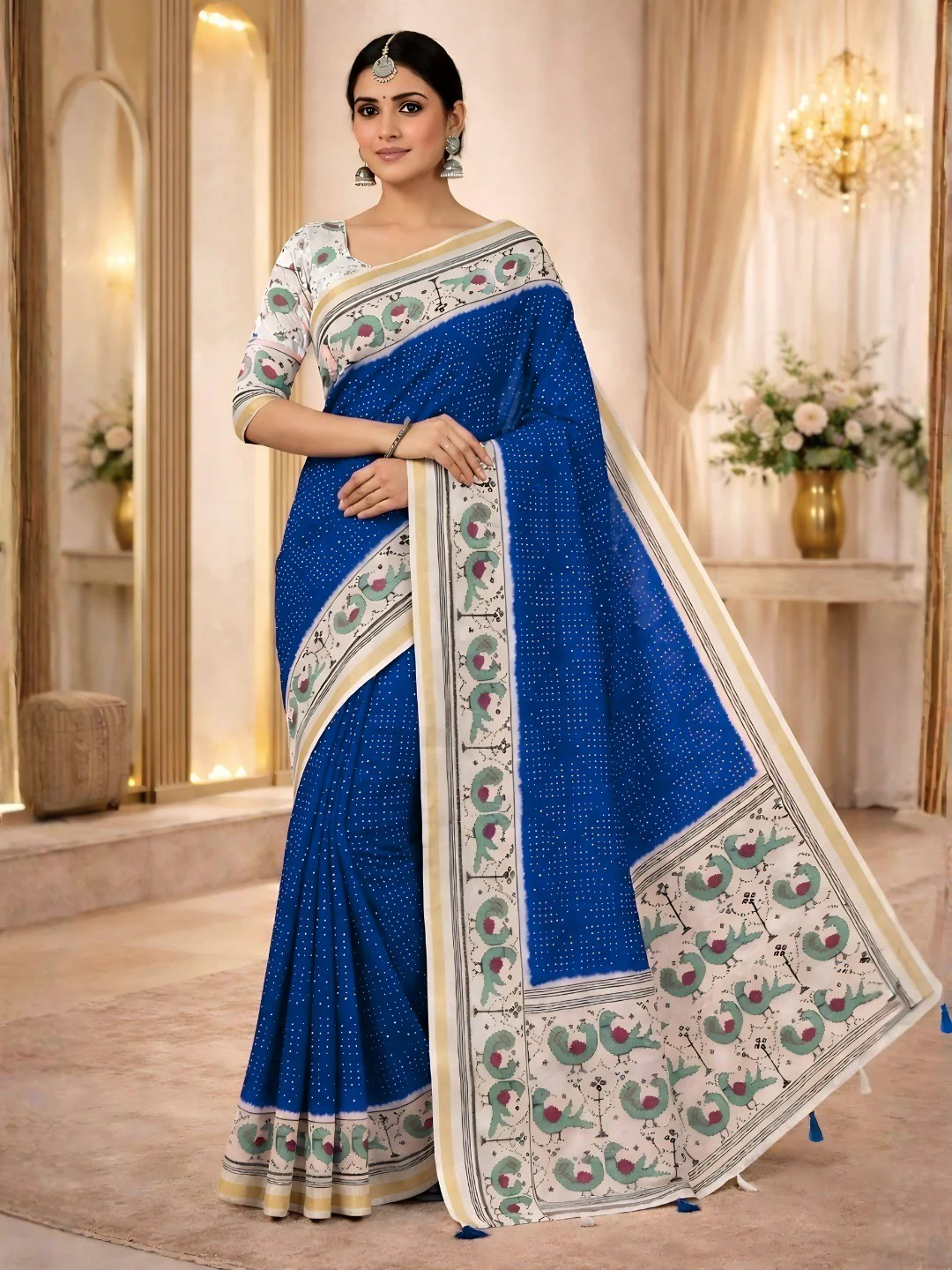 Classic Blue Bandhani Printed Saree Featuring Bird Motif Pallu With Elegant Tassel Work