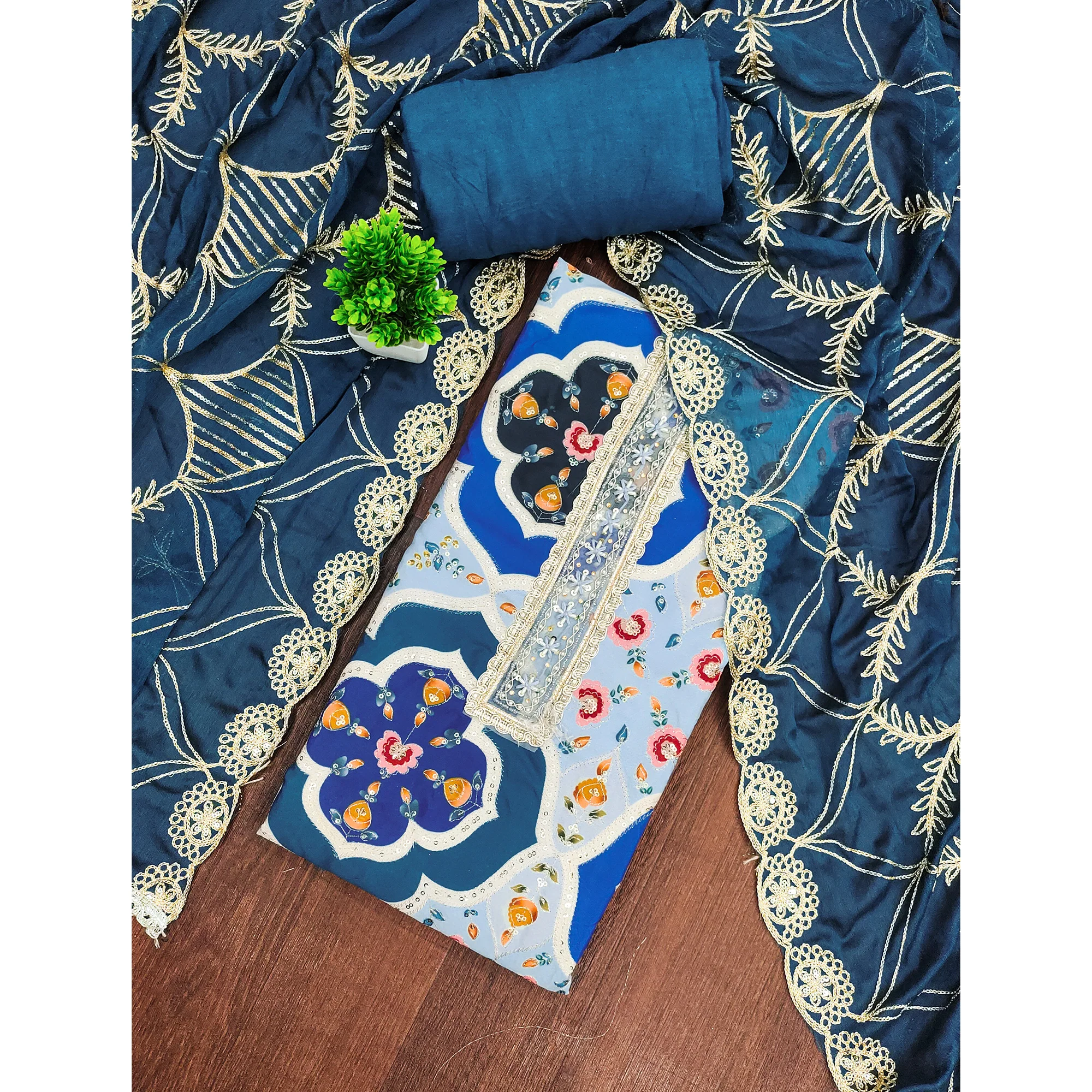 Classic Blue Floral Digital Printed Viscose Dress Material With Sequins Embroidery & Moti Handwork - Image 3