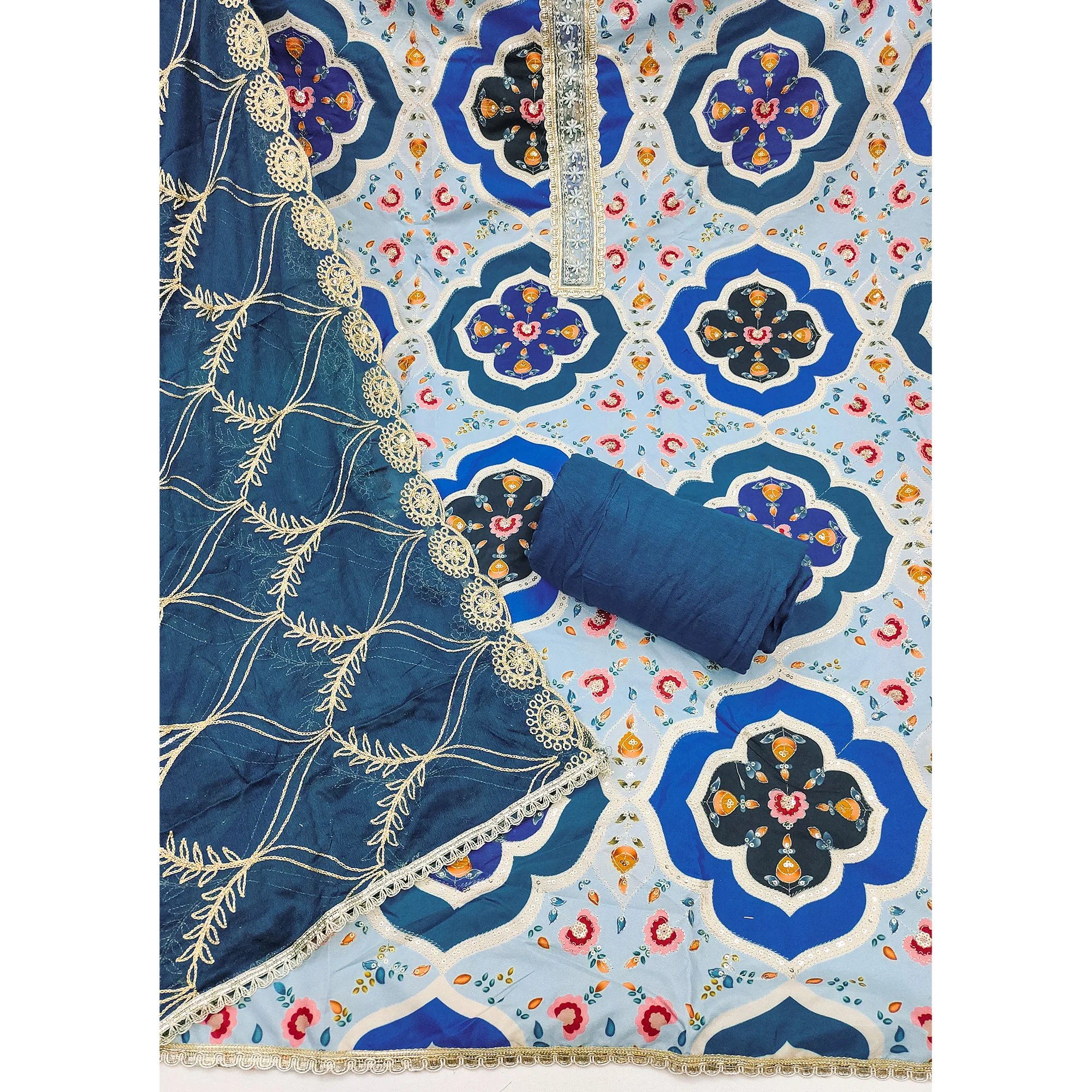 Classic Blue Floral Digital Printed Viscose Dress Material With Sequins Embroidery & Moti Handwork - Image 4