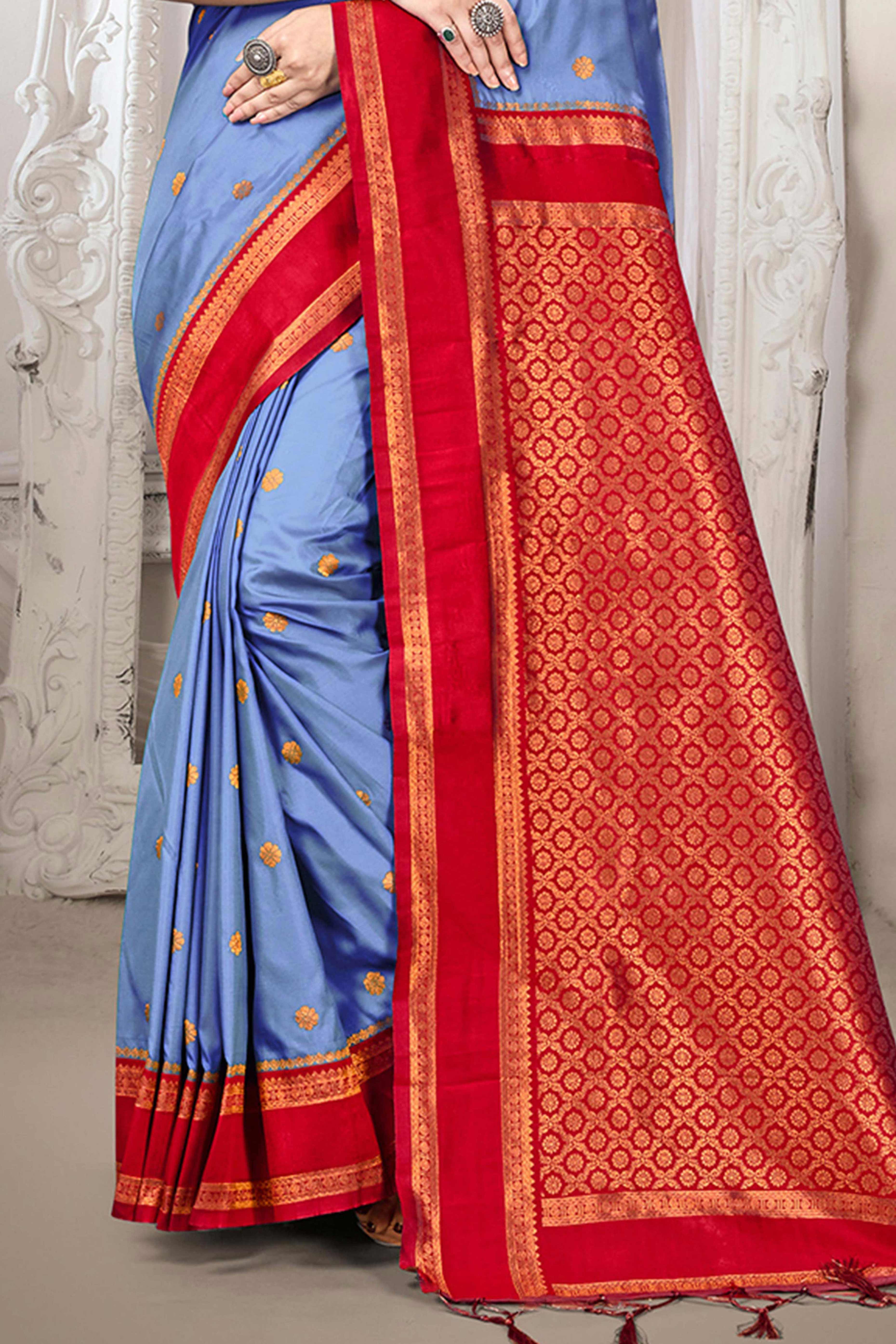 Classic Blue Floral Motif Weaving Silk Blend Saree With Tassel Pallu - Image 4