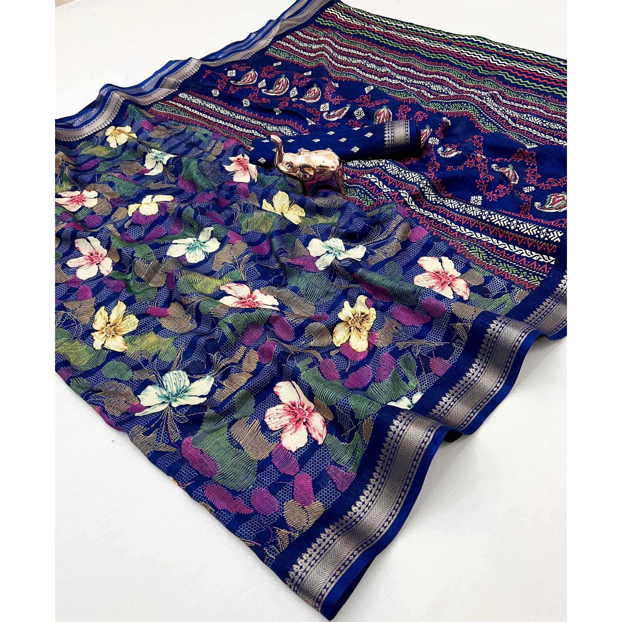 Classic Blue Floral Printed Cotton Blend Saree With Elegant Zari Weaving Border - Image 3