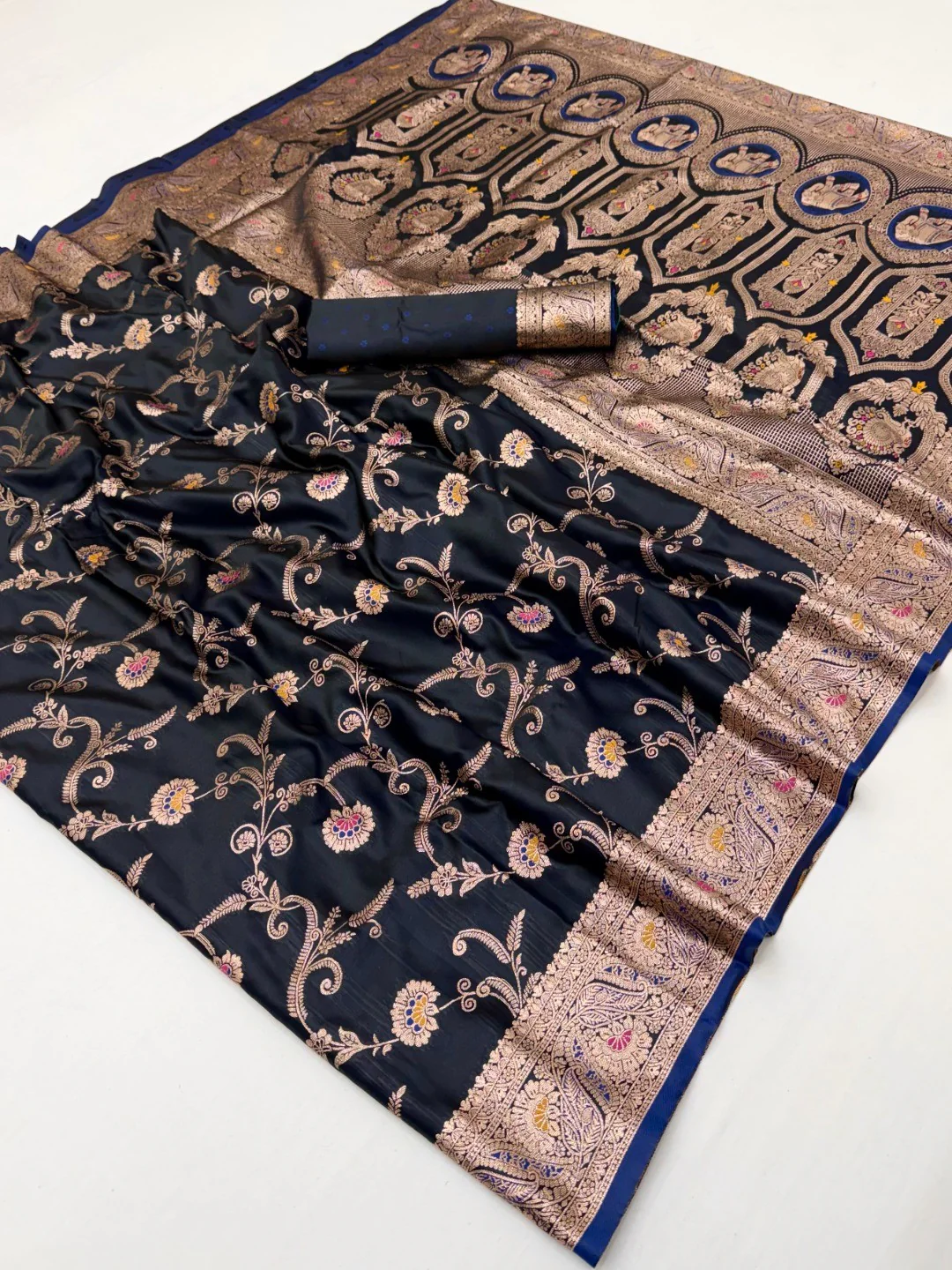 Classic Blue Floral Zari Weaving Satin Silk Saree with Sophisticated Drape - Image 2