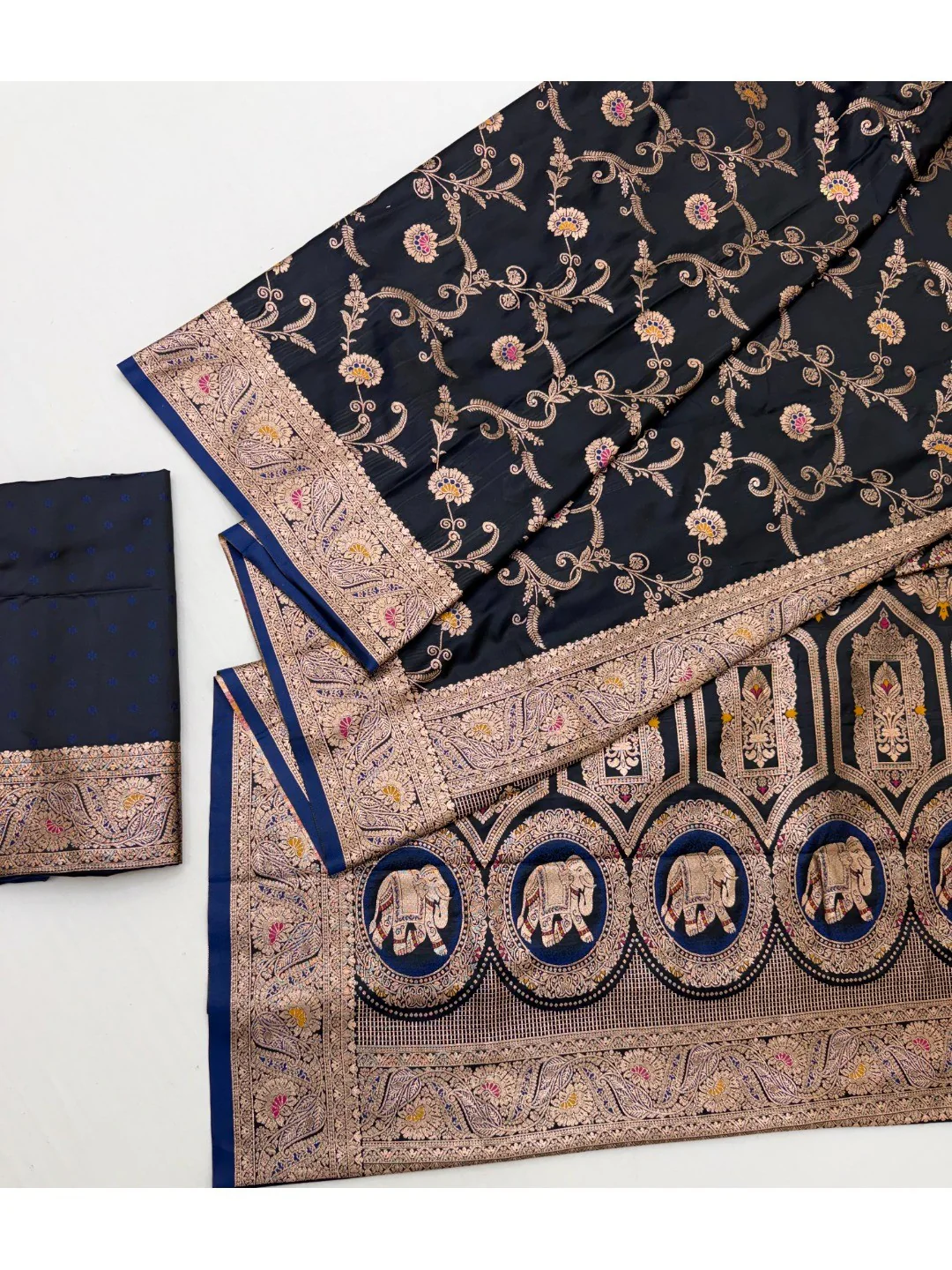 Classic Blue Floral Zari Weaving Satin Silk Saree with Sophisticated Drape - Image 3