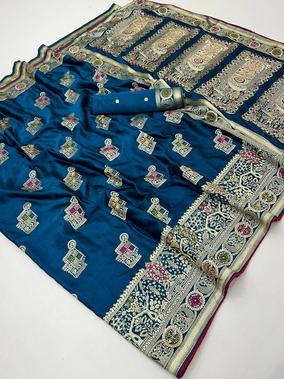 Classic Blue Satin Saree Enhanced By Fine Weaving Craft & Sophisticated Stone Work - Image 2
