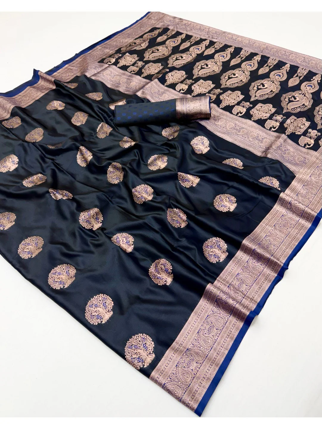 Classic Blue Satin Saree with Elegant Zari Weaving and Floral Motifs - Image 3