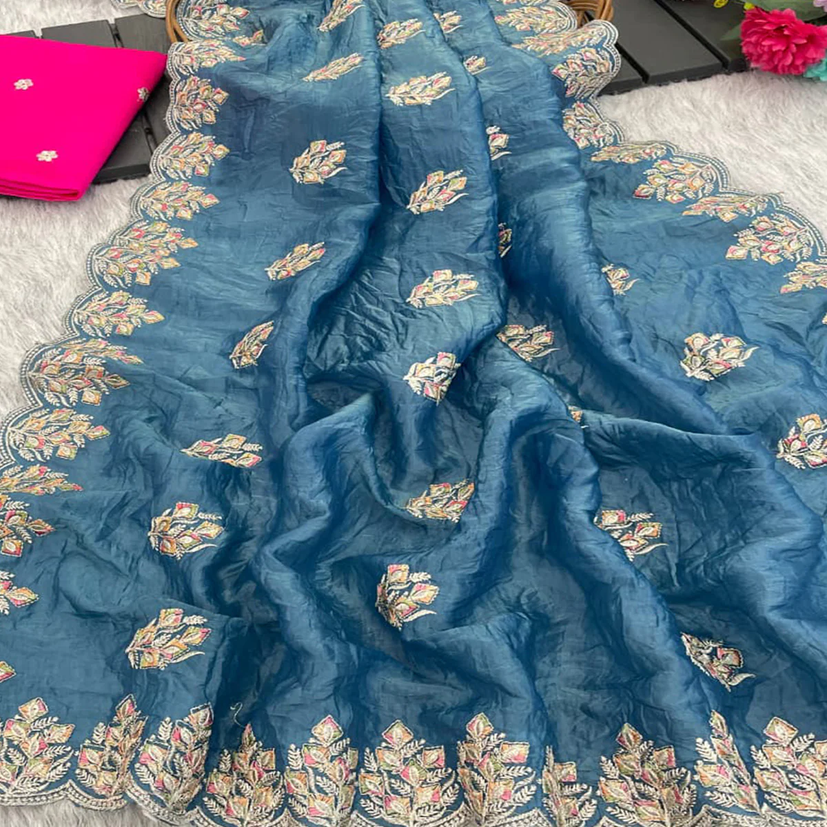 Classic Blue Silk Blend Crush Saree Beautifully Embellished With Floral Thread Embroidery - Image 2