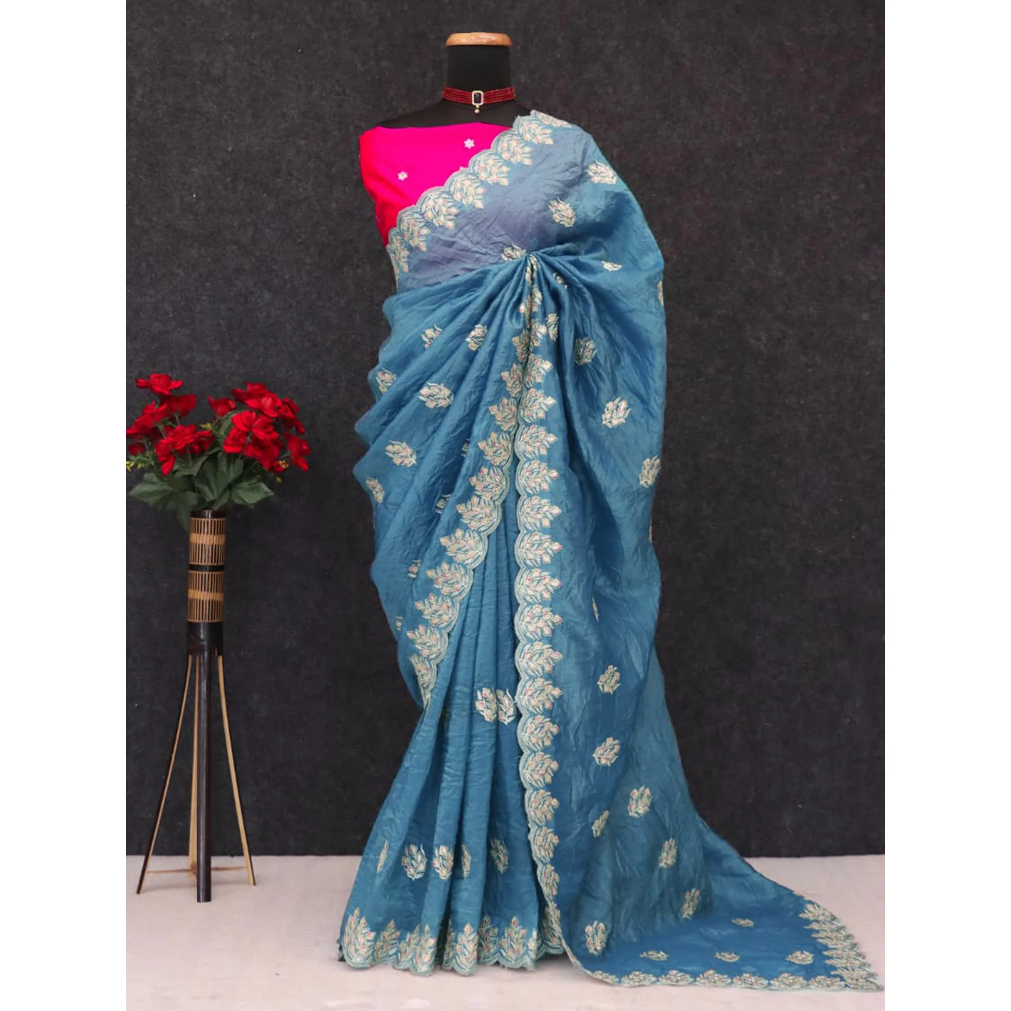 Classic Blue Silk Blend Crush Saree Beautifully Embellished With Floral Thread Embroidery - Image 7
