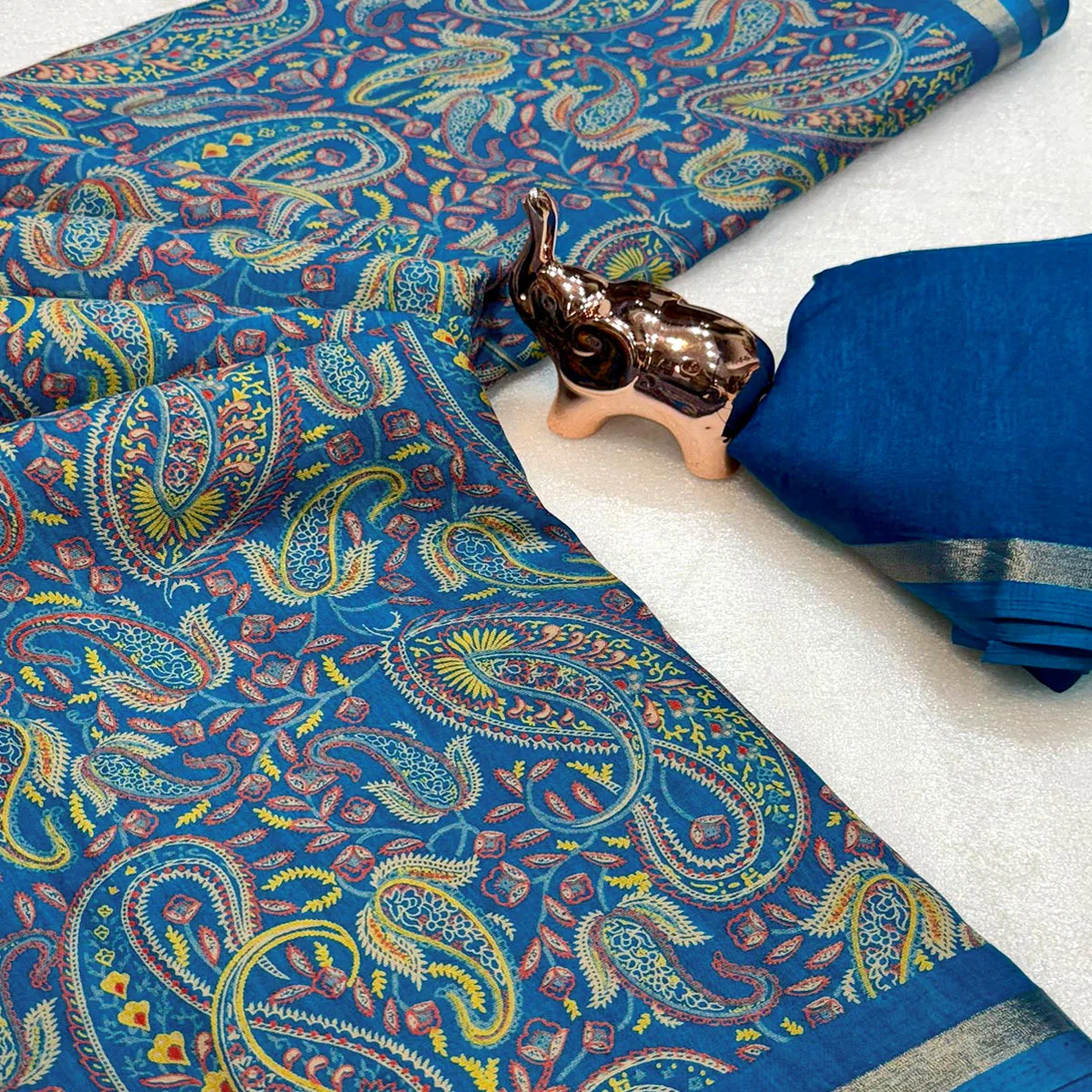 Classic Blue Tussar Silk Blend Saree Adorned With Elegant Paisley & Floral Kashmiri Prints - Image 2