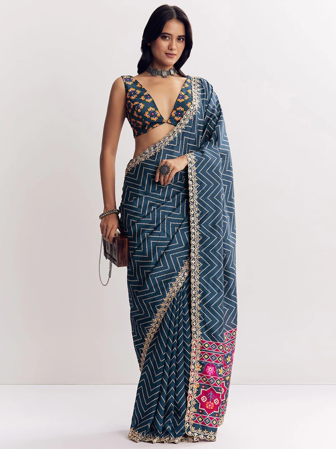 Classic Blue Zig Zag Printed Manipuri Silk Blend Saree Accented With Embroidered Lace Border
