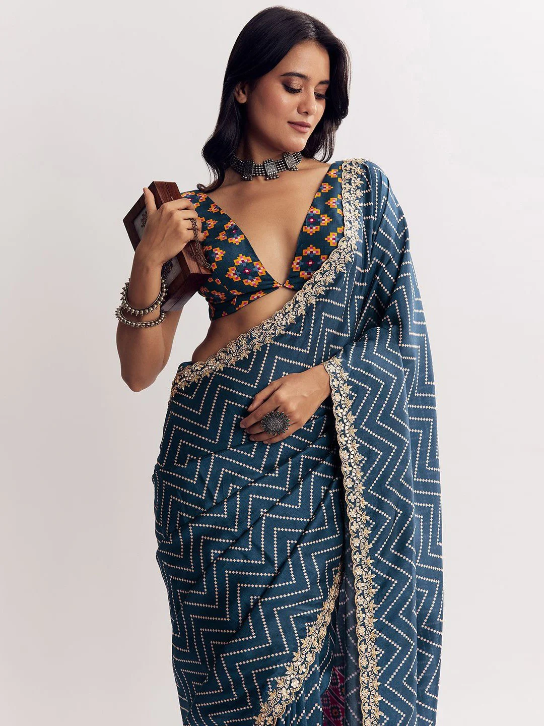 Classic Blue Zig Zag Printed Manipuri Silk Blend Saree Accented With Embroidered Lace Border - Image 2