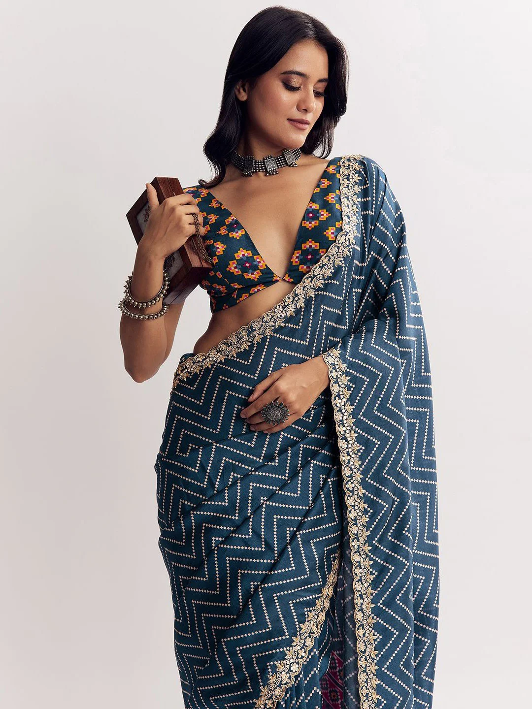 Classic Blue Zig Zag Printed Manipuri Silk Blend Saree Accented With Embroidered Lace Border - Image 3