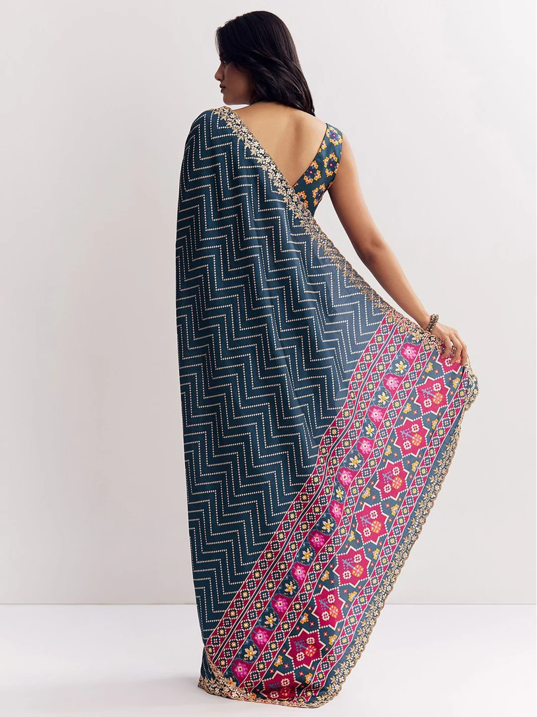 Classic Blue Zig Zag Printed Manipuri Silk Blend Saree Accented With Embroidered Lace Border - Image 4